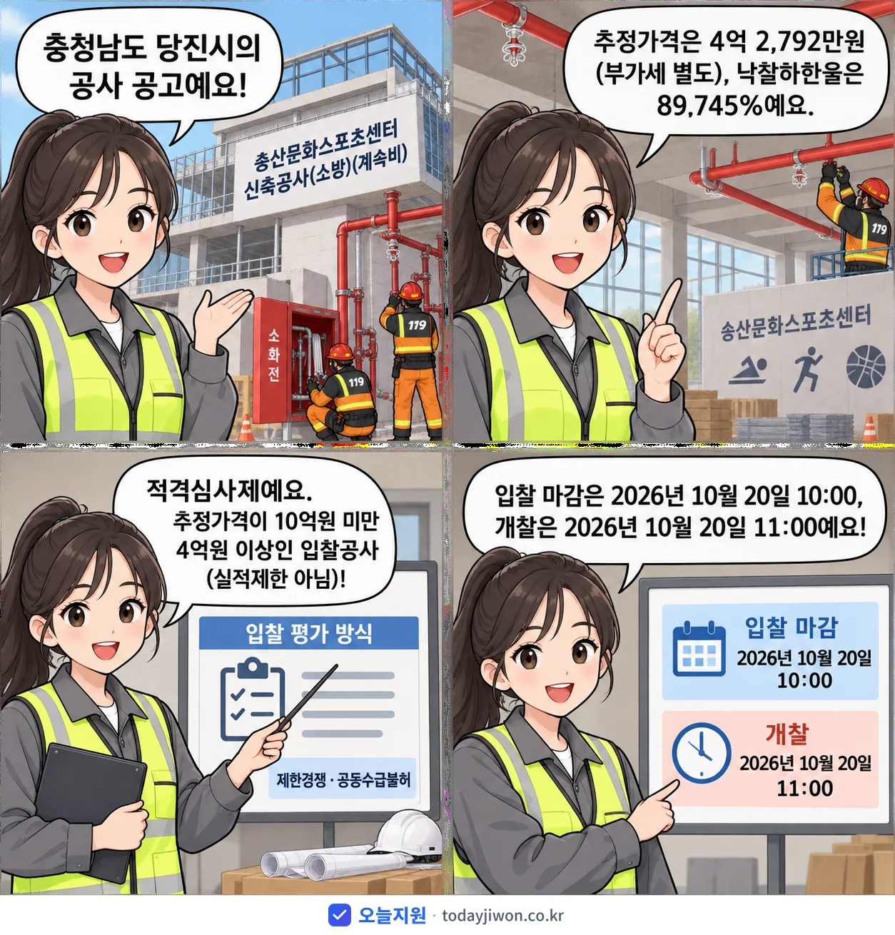 4컷 만화로 보는 공고: 충청남도 당진시 '송산문화스포츠센터 신축공사(소방)(계속비)', 추정가격 4억 2,792만원, 입찰 마감 10/20 10:00