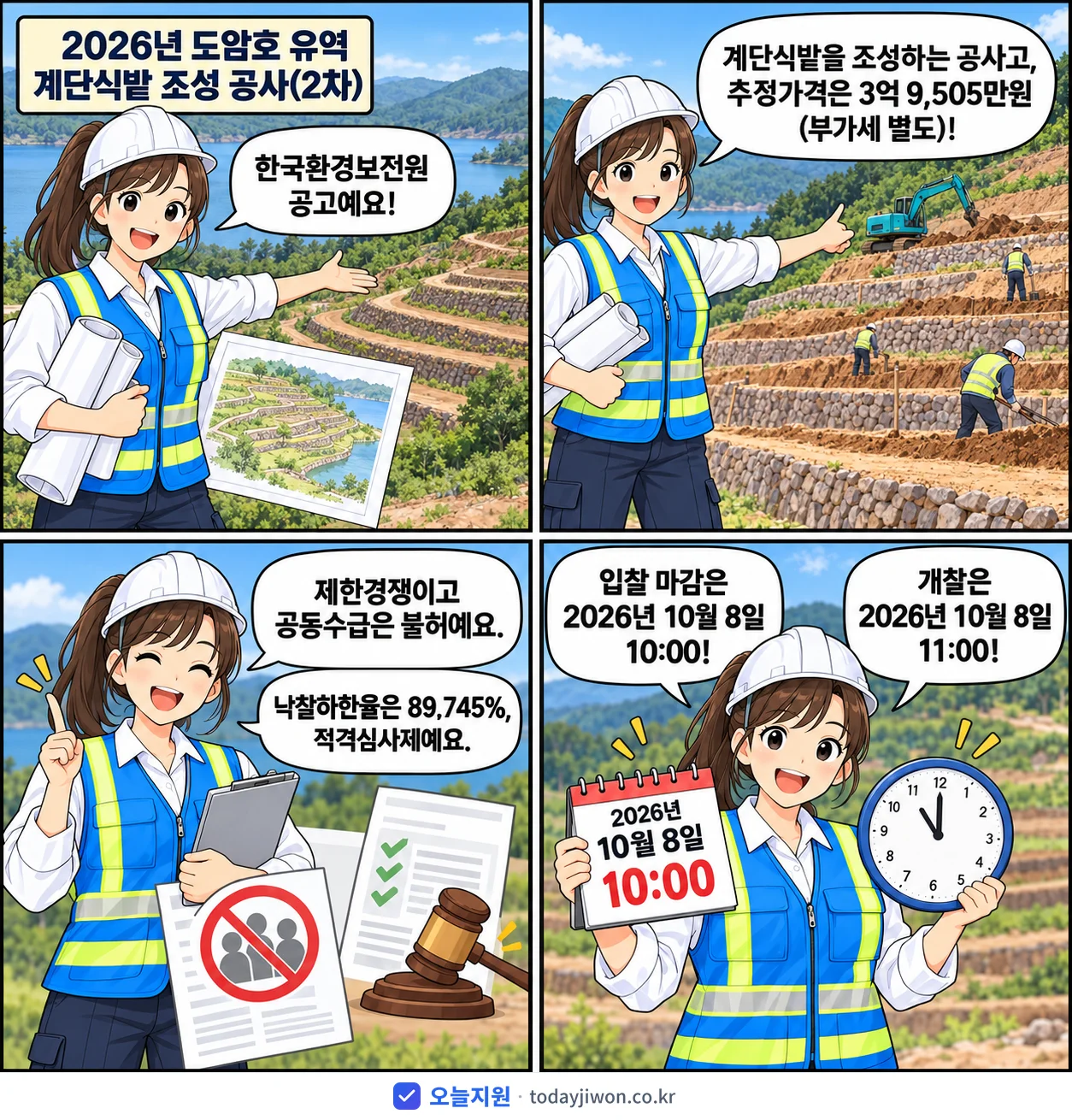 4컷 만화로 보는 공고: 한국환경보전원 '도암호 유역 계단식밭 조성 공사(2차)', 추정가격 3억 9,505만원, 입찰 마감 10/8 10:00