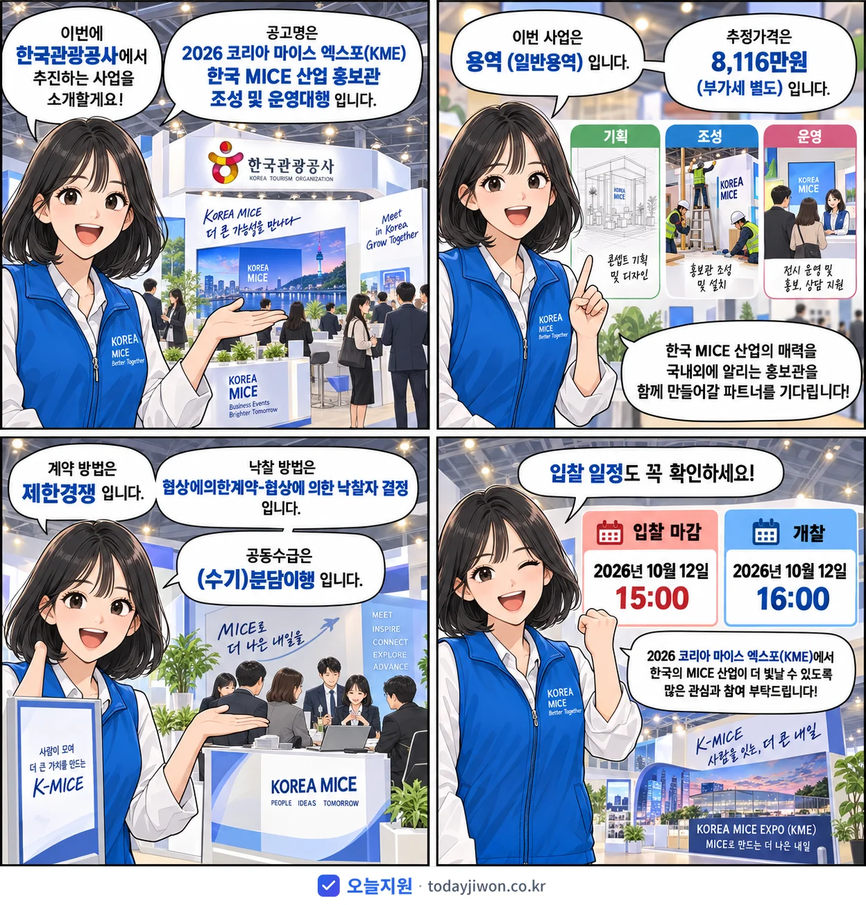 4컷 만화로 보는 공고: 한국관광공사 '코리아 마이스 엑스포(KME) 한국 MICE 산업 홍보관 조성 및 운영…', 추정가격 8,116만원, 입찰 마감 10/12 15:00