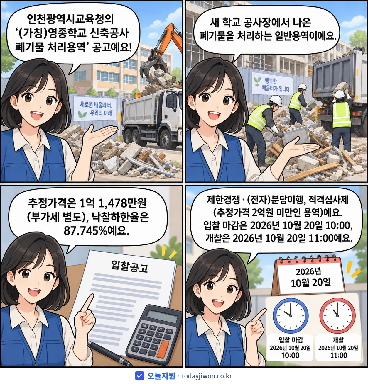 4컷 만화로 보는 공고: 인천광역시교육청 '(가칭)영종학교 신축공사 폐기물 처리용역', 추정가격 1억 1,478만원, 입찰 마감 10/20 10:00