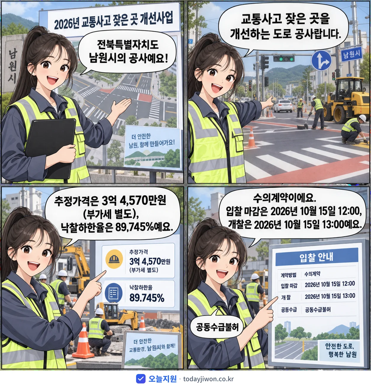 4컷 만화로 보는 공고: 전북특별자치도 남원시 '교통사고 잦은 곳 개선사업', 추정가격 3억 4,570만원, 입찰 마감 10/15 12:00