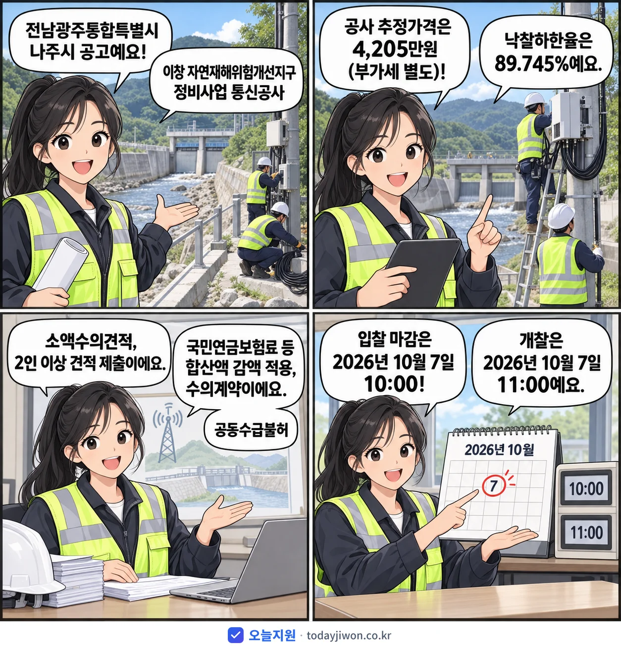 4컷 만화로 보는 공고: 전남광주통합특별시 나주시 '이창 자연재해위험개선지구 정비사업 통신공사', 추정가격 4,205만원, 입찰 마감 10/7 10:00