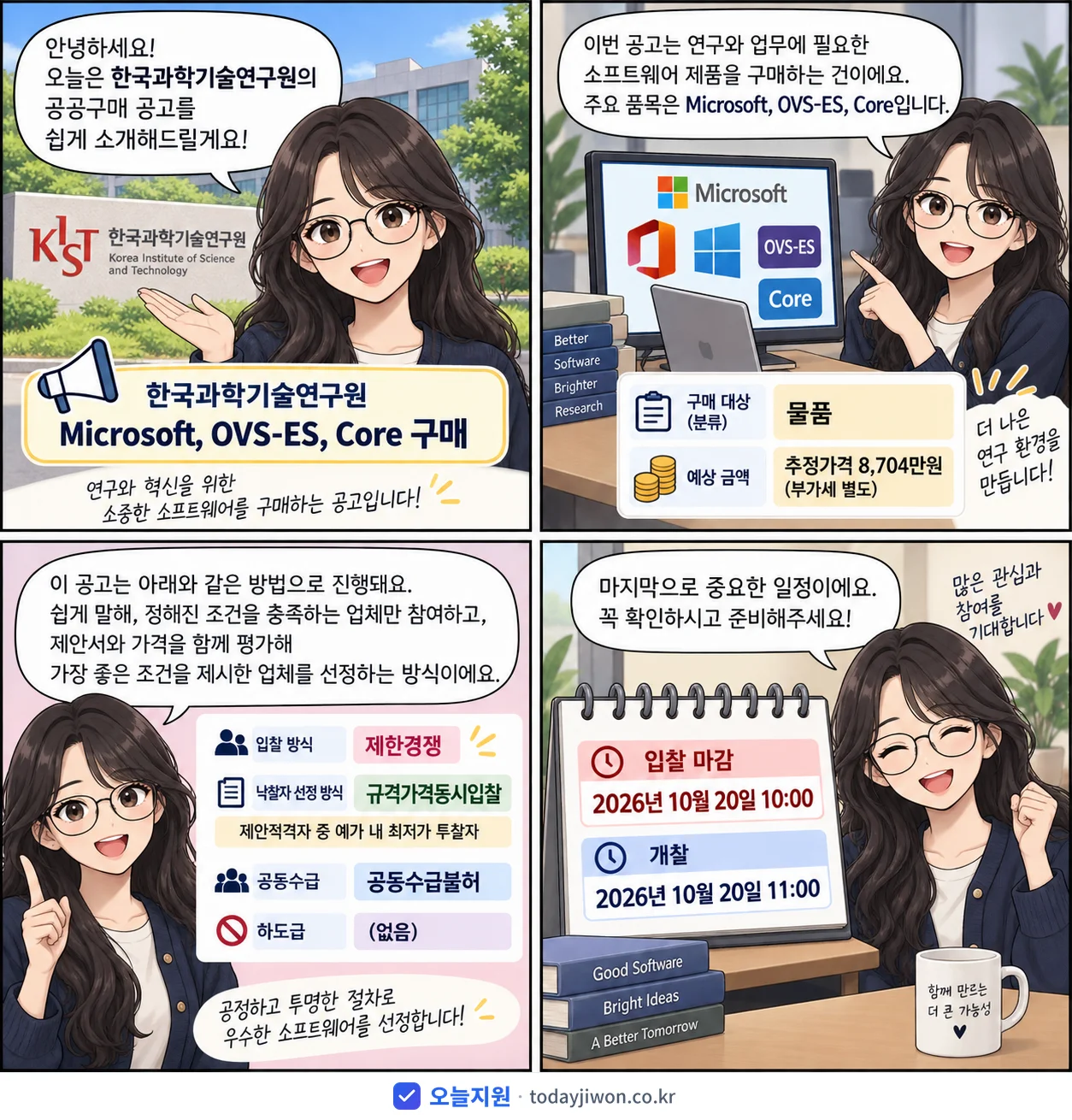 4컷 만화로 보는 공고: 한국과학기술연구원 'Microsoft, OVS-ES, Core 구매', 추정가격 8,704만원, 입찰 마감 10/20 10:00