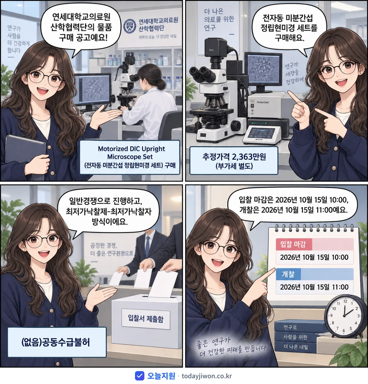 4컷 만화로 보는 공고: 연세대학교의료원 산학협력단 'Motorized DIC Upright Microscope Set (전…', 추정가격 2,363만원, 입찰 마감 10/15 10:00