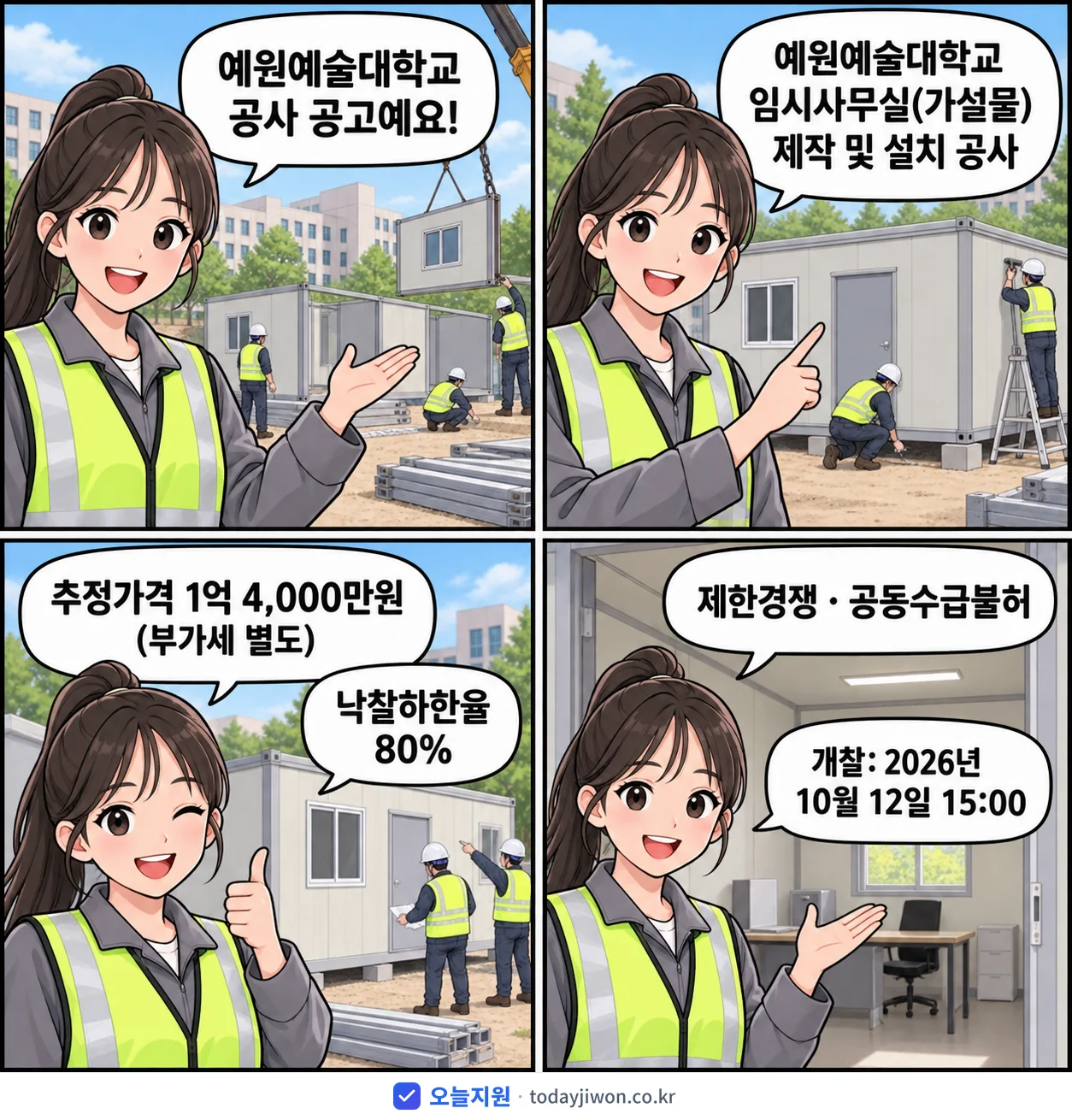 4컷 만화로 보는 공고: 예원예술대학교 '예원예술대학교 임시사무실(가설물) 제작 및 설치 공사', 추정가격 1억 4,000만원