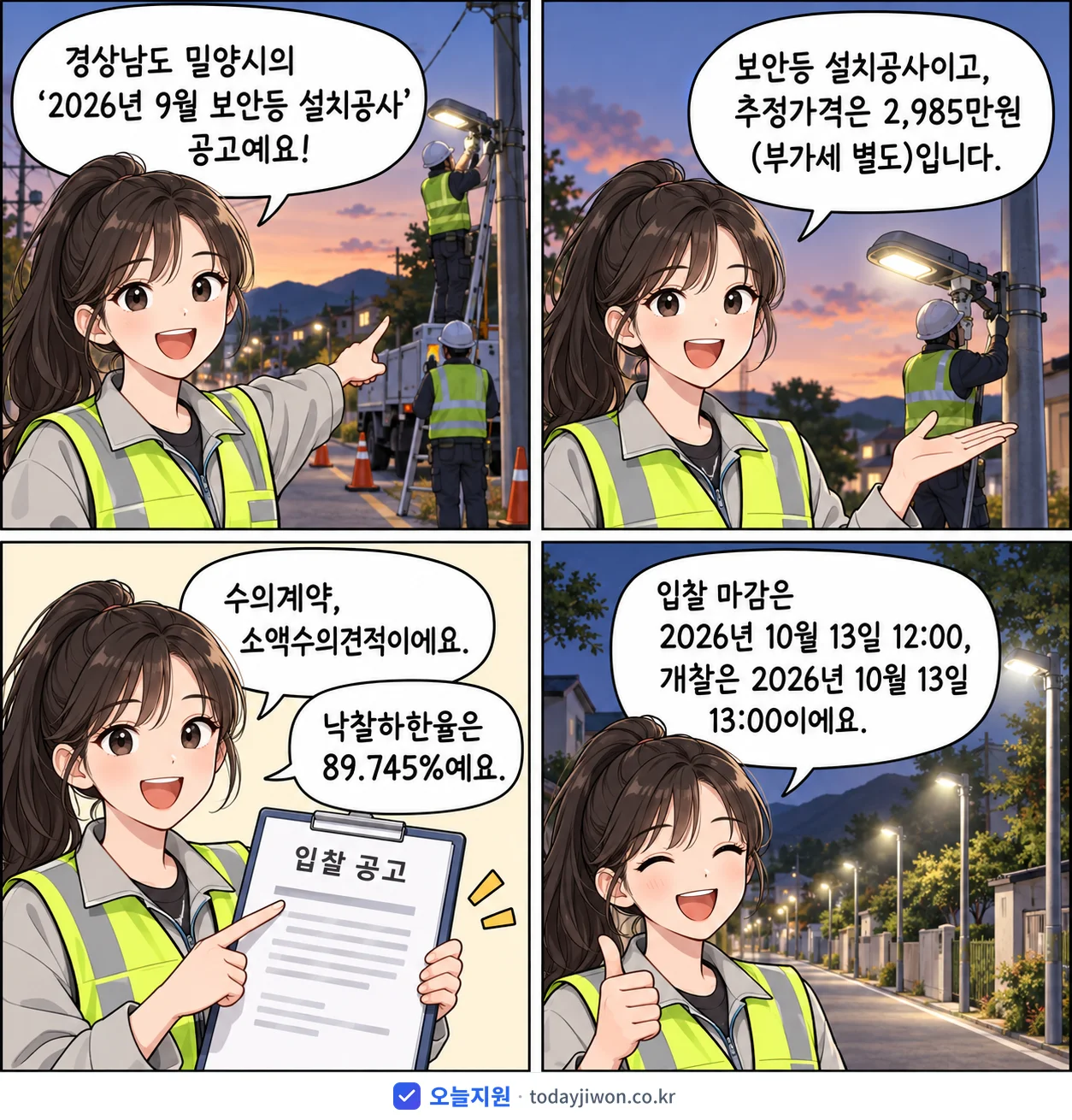 4컷 만화로 보는 공고: 경상남도 밀양시 '9월 보안등 설치공사', 추정가격 2,985만원, 입찰 마감 10/13 12:00