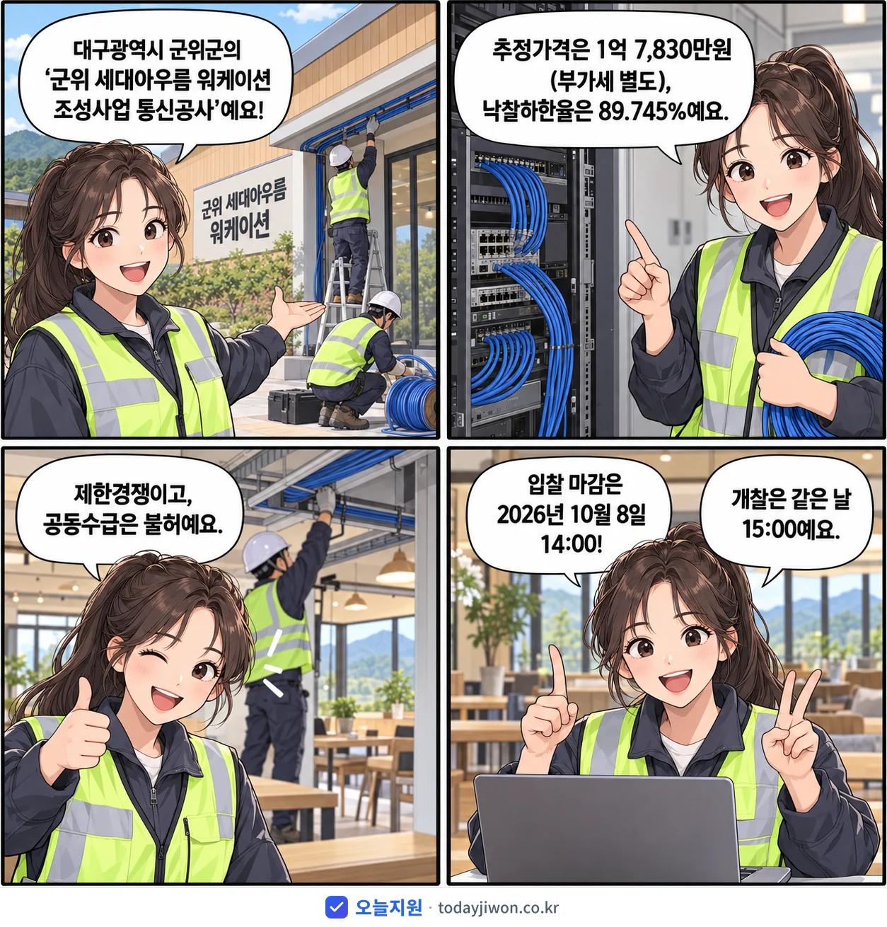 4컷 만화로 보는 공고: 대구광역시 군위군 '군위 세대아우름 워케이션 조성사업 통신공사', 추정가격 1억 7,830만원, 입찰 마감 10/8 14:00
