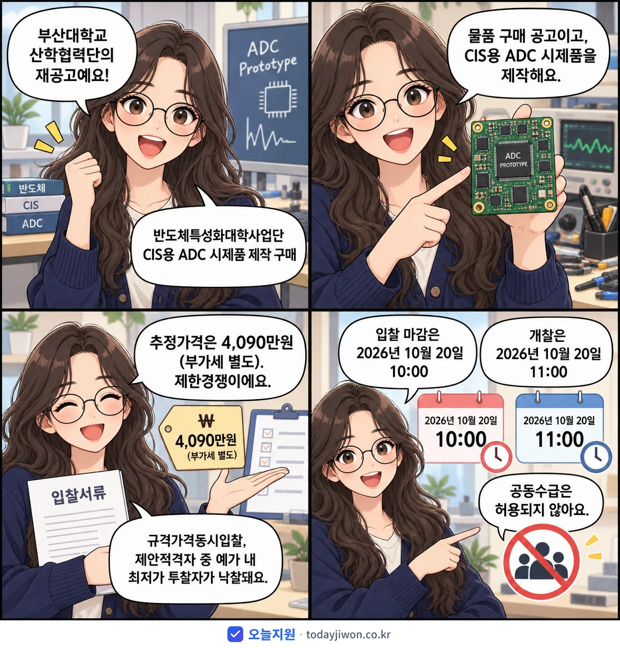 4컷 만화로 보는 공고: 부산대학교 산학협력단 '반도체특성화대학사업단 CIS용 ADC 시제품 제작 구매', 추정가격 4,090만원, 입찰 마감 10/20 10:00