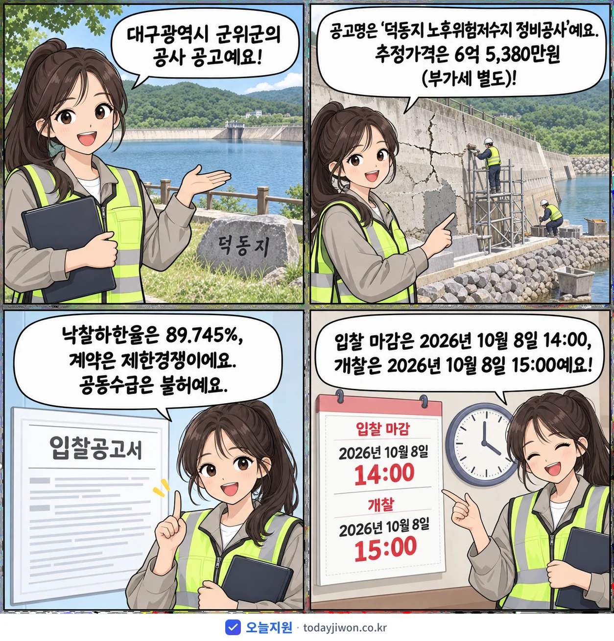 4컷 만화로 보는 공고: 대구광역시 군위군 '덕동지 노후위험저수지 정비공사', 추정가격 6억 5,380만원, 입찰 마감 10/8 14:00