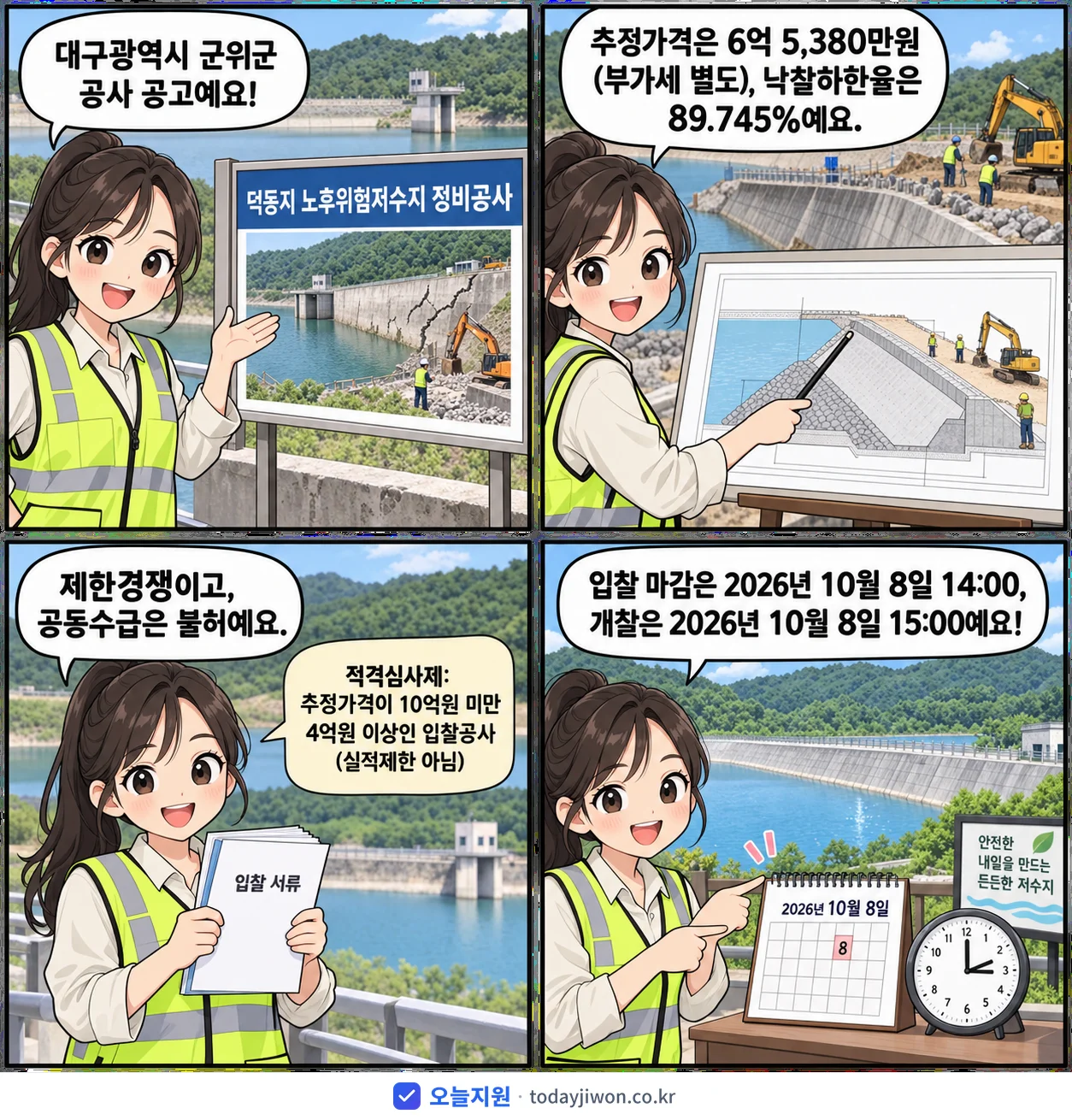 4컷 만화로 보는 공고: 대구광역시 군위군 '덕동지 노후위험저수지 정비공사', 추정가격 6억 5,380만원, 입찰 마감 10/8 14:00