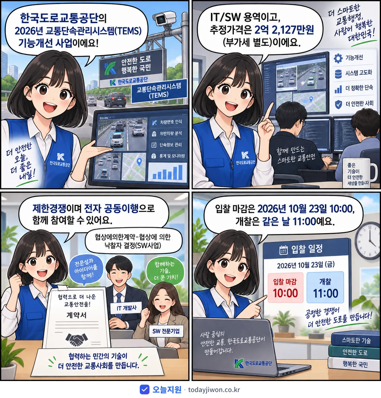 4컷 만화로 보는 공고: 한국도로교통공단 '교통단속관리시스템(TEMS) 기능개선 사업', 추정가격 2억 2,127만원, 입찰 마감 10/23 10:00