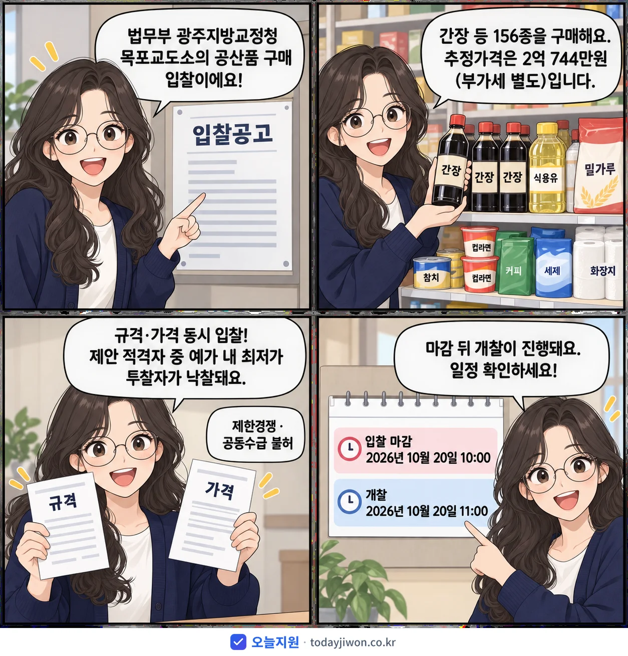 4컷 만화로 보는 공고: 법무부 광주지방교정청 목포교도소 '목포교도소 공산품(간장 등 156종) 구매 2단계(규격/가격 동시) 입찰', 추정가격 2억 744만원, 입찰 마감 10/20 10:00