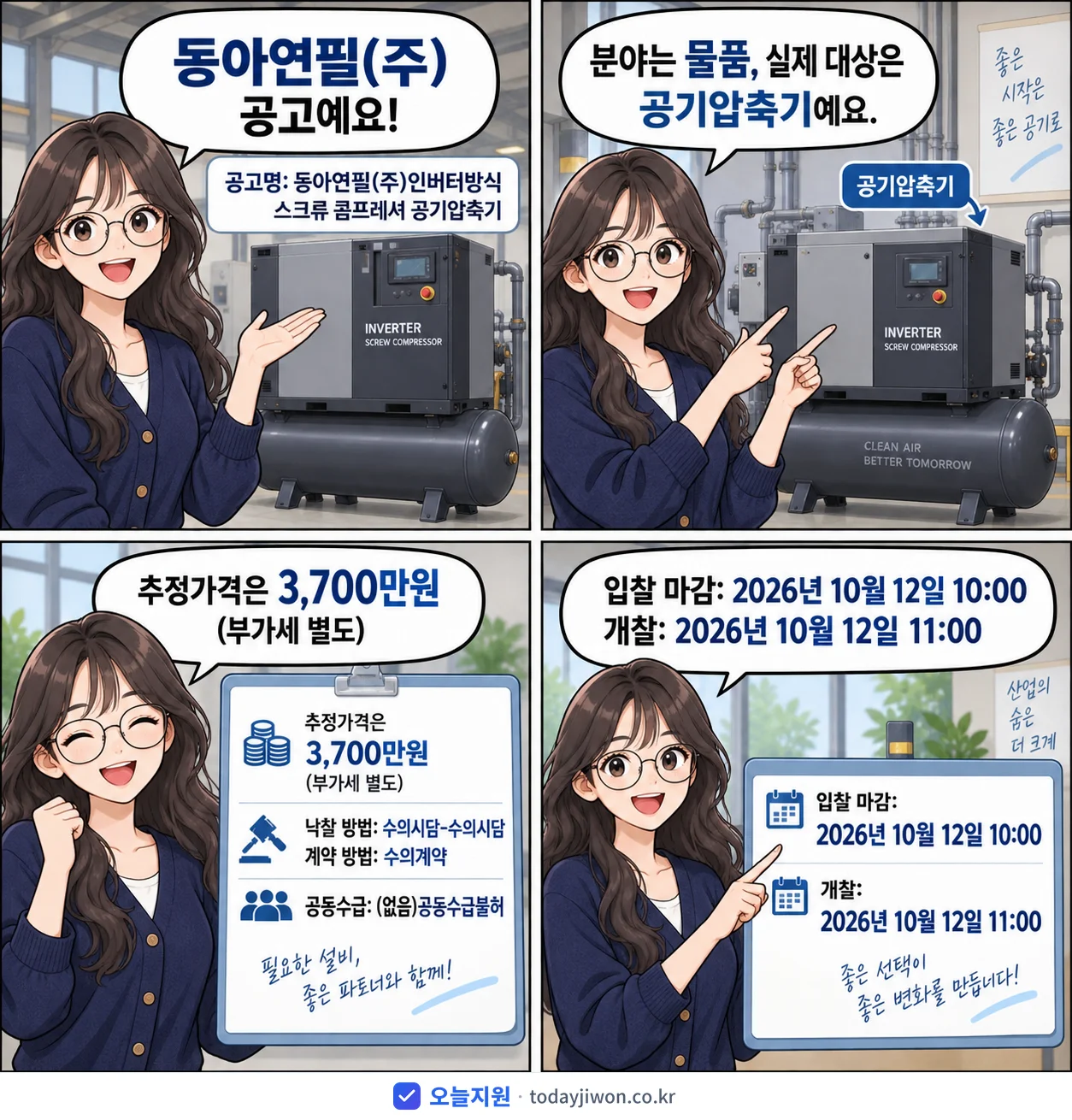 4컷 만화로 보는 공고: 동아연필(주) '동아연필(주)인버터방식 스크류 콤프레셔 공기압축기', 추정가격 3,700만원, 입찰 마감 10/12 10:00