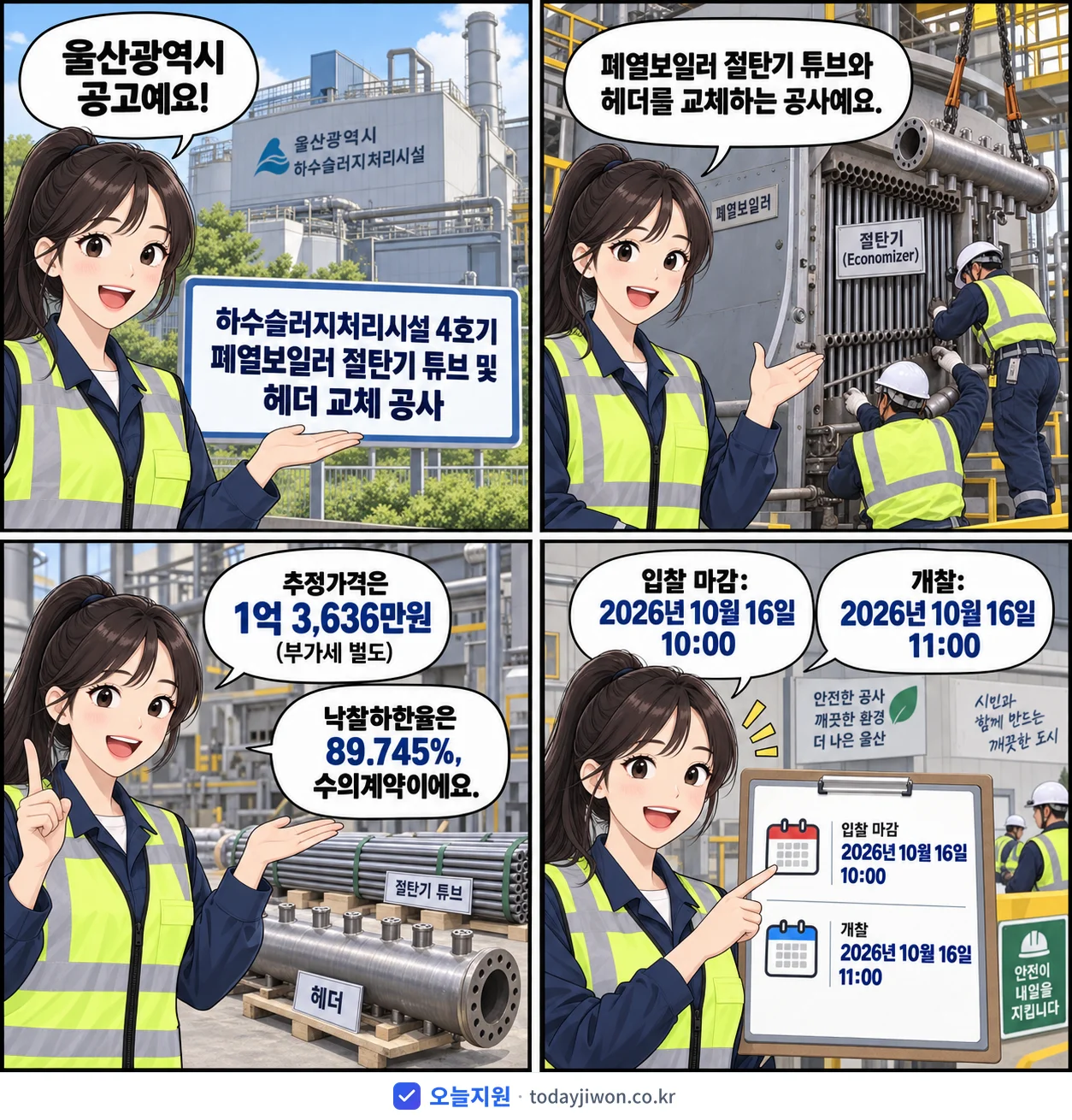 4컷 만화로 보는 공고: 울산광역시 '하수슬러지처리시설 4호기 폐열보일러 절탄기 튜브 및 헤더 교체 공사', 추정가격 1억 3,636만원, 입찰 마감 10/16 10:00