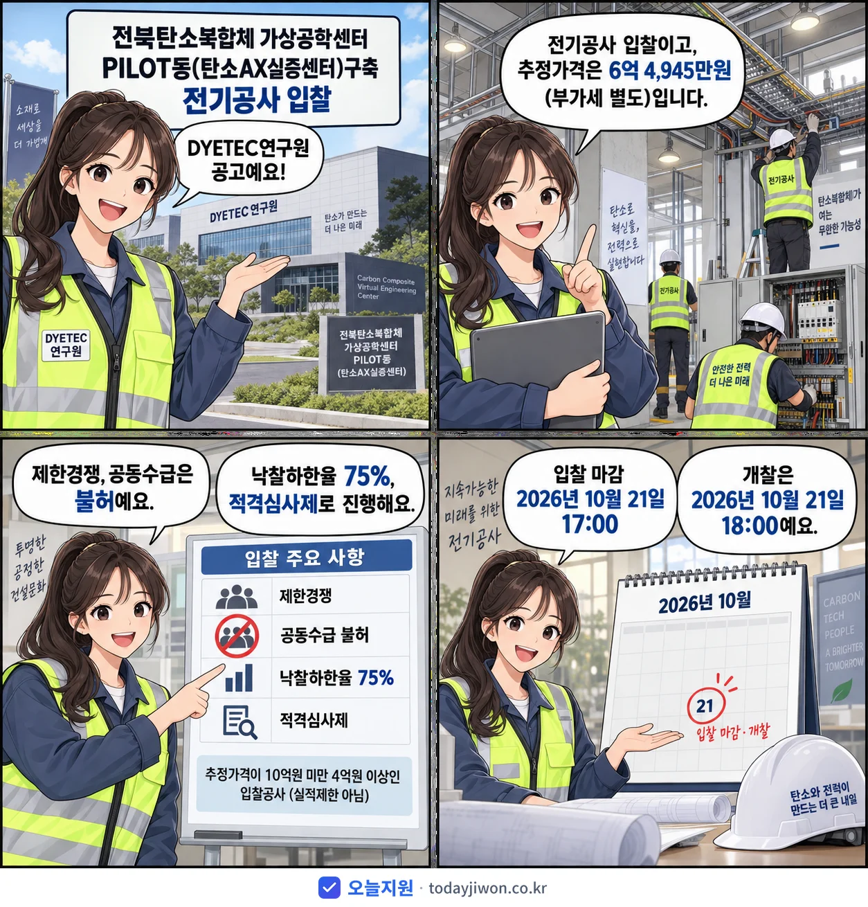 4컷 만화로 보는 공고: DYETEC연구원 '전북탄소복합체 가상공학센터 PILOT동(탄소AX실증센터)구축 전기공사…', 추정가격 6억 4,945만원, 입찰 마감 10/21 17:00
