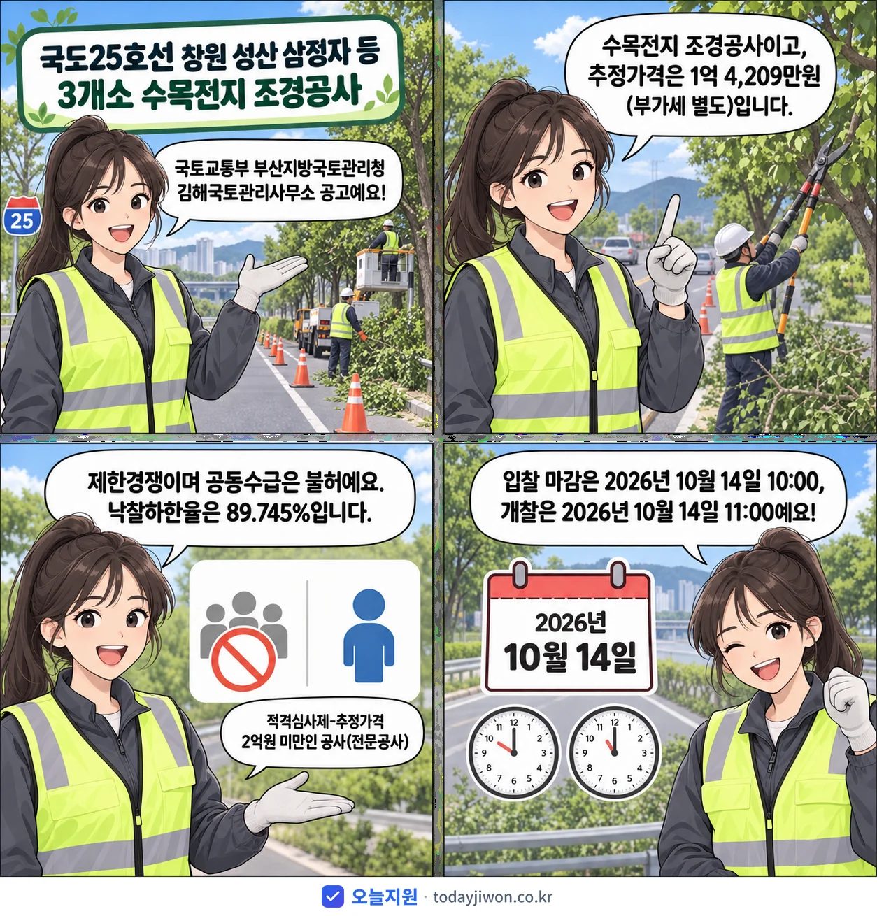 4컷 만화로 보는 공고: 국토교통부 부산지방국토관리청 김해국토관리사무소 '국도25호선 창원 성산 삼정자 등 3개소 수목전지 조경공사', 추정가격 1억 4,209만원, 입찰 마감 10/14 10:00