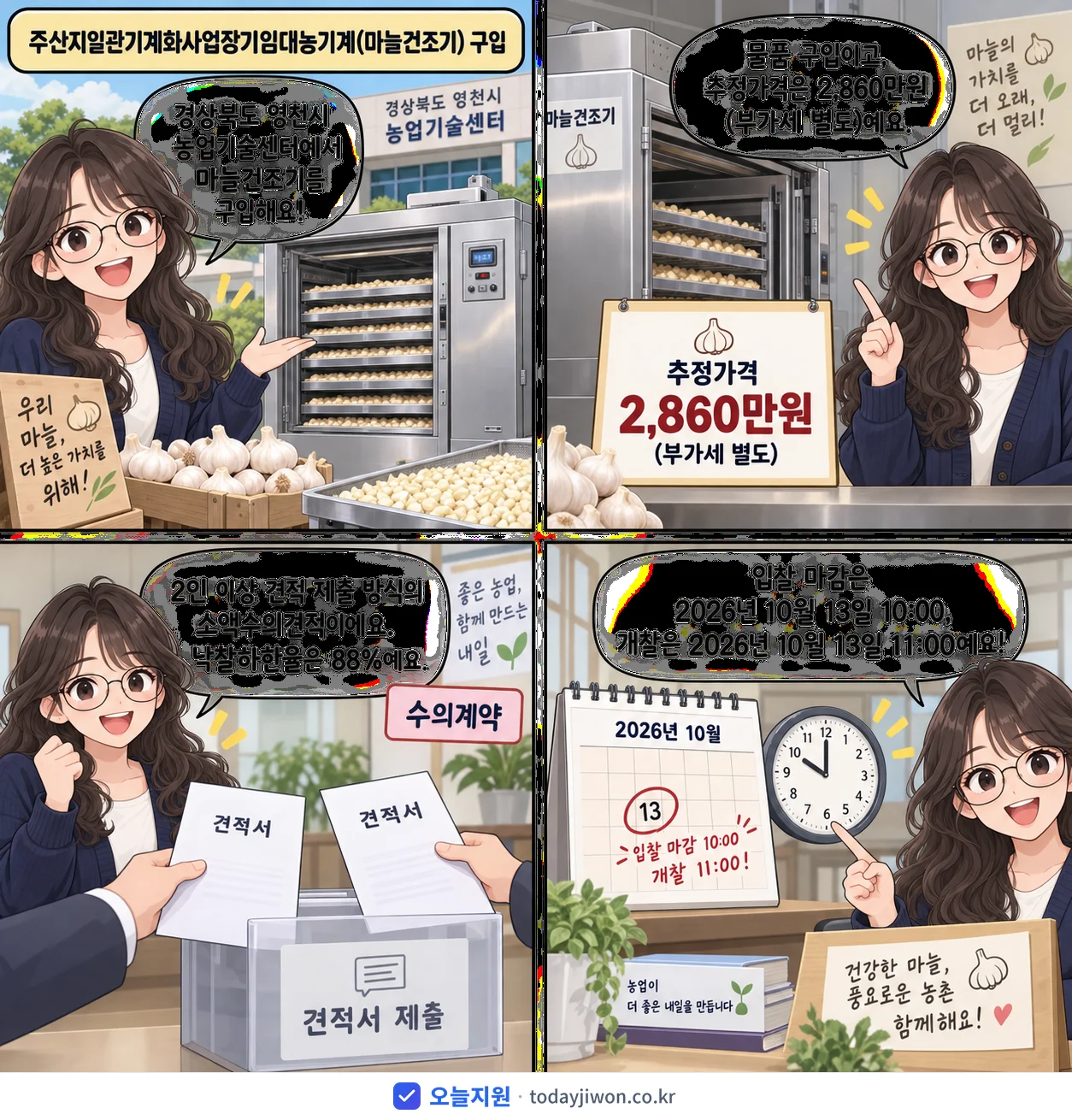 4컷 만화로 보는 공고: 경상북도 영천시 농업기술센터 '주산지일관기계화사업장기임대농기계(마늘건조기) 구입', 추정가격 2,860만원, 입찰 마감 10/13 10:00