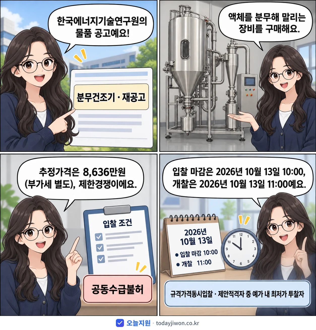 4컷 만화로 보는 공고: 한국에너지기술연구원 '분무건조기', 추정가격 8,636만원, 입찰 마감 10/13 10:00