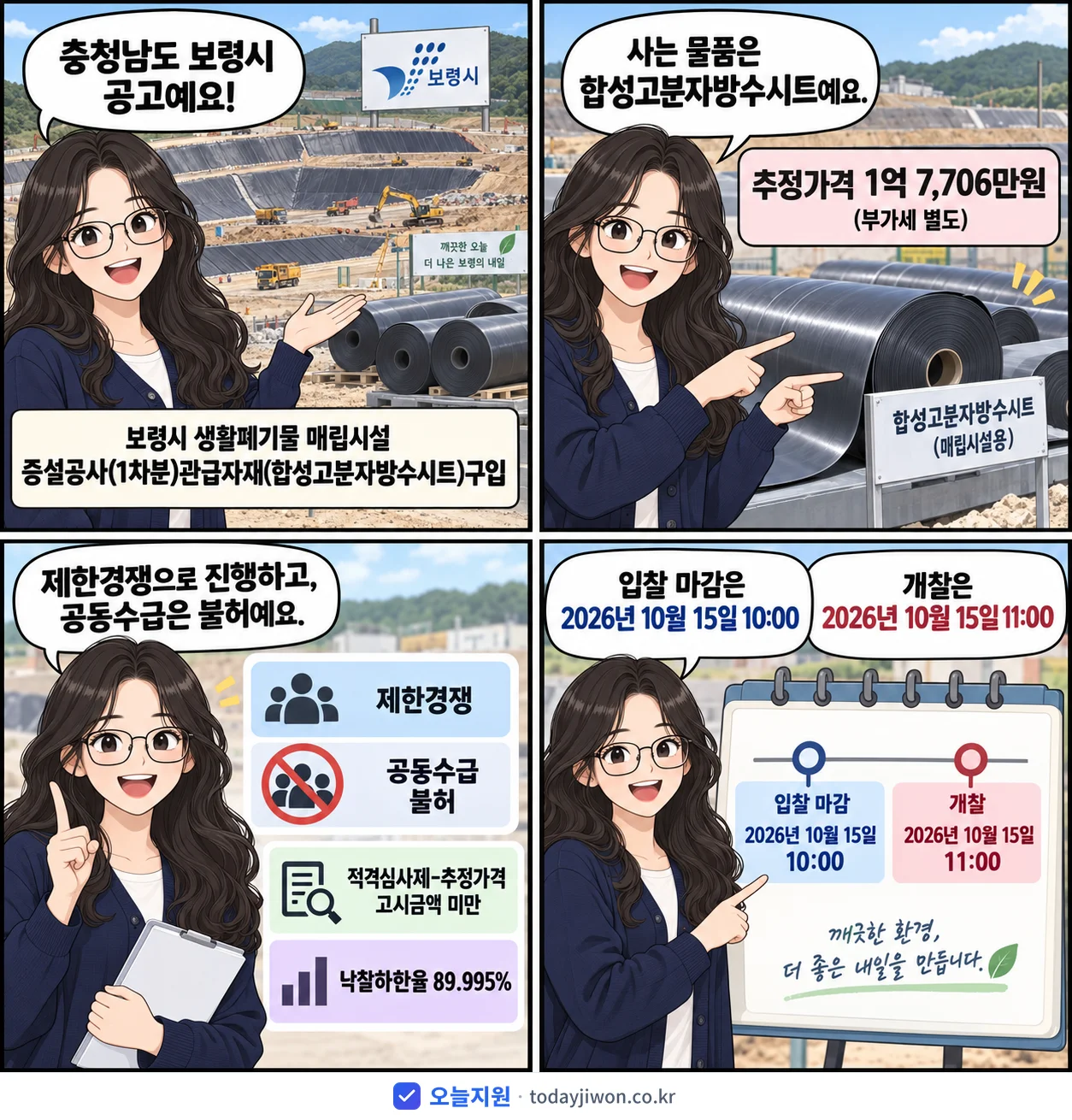 4컷 만화로 보는 공고: 충청남도 보령시 '보령시 생활폐기물 매립시설 증설공사(1차분)관급자재(합성고분자방수시트)…', 추정가격 1억 7,706만원, 입찰 마감 10/15 10:00