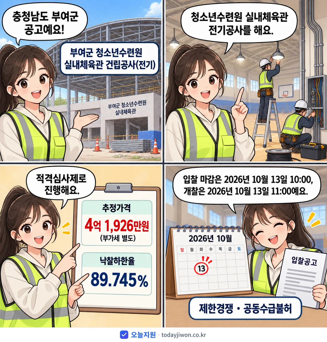 4컷 만화로 보는 공고: 충청남도 부여군 '부여군 청소년수련원 실내체육관 건립공사(전기)', 추정가격 4억 1,926만원, 입찰 마감 10/13 10:00