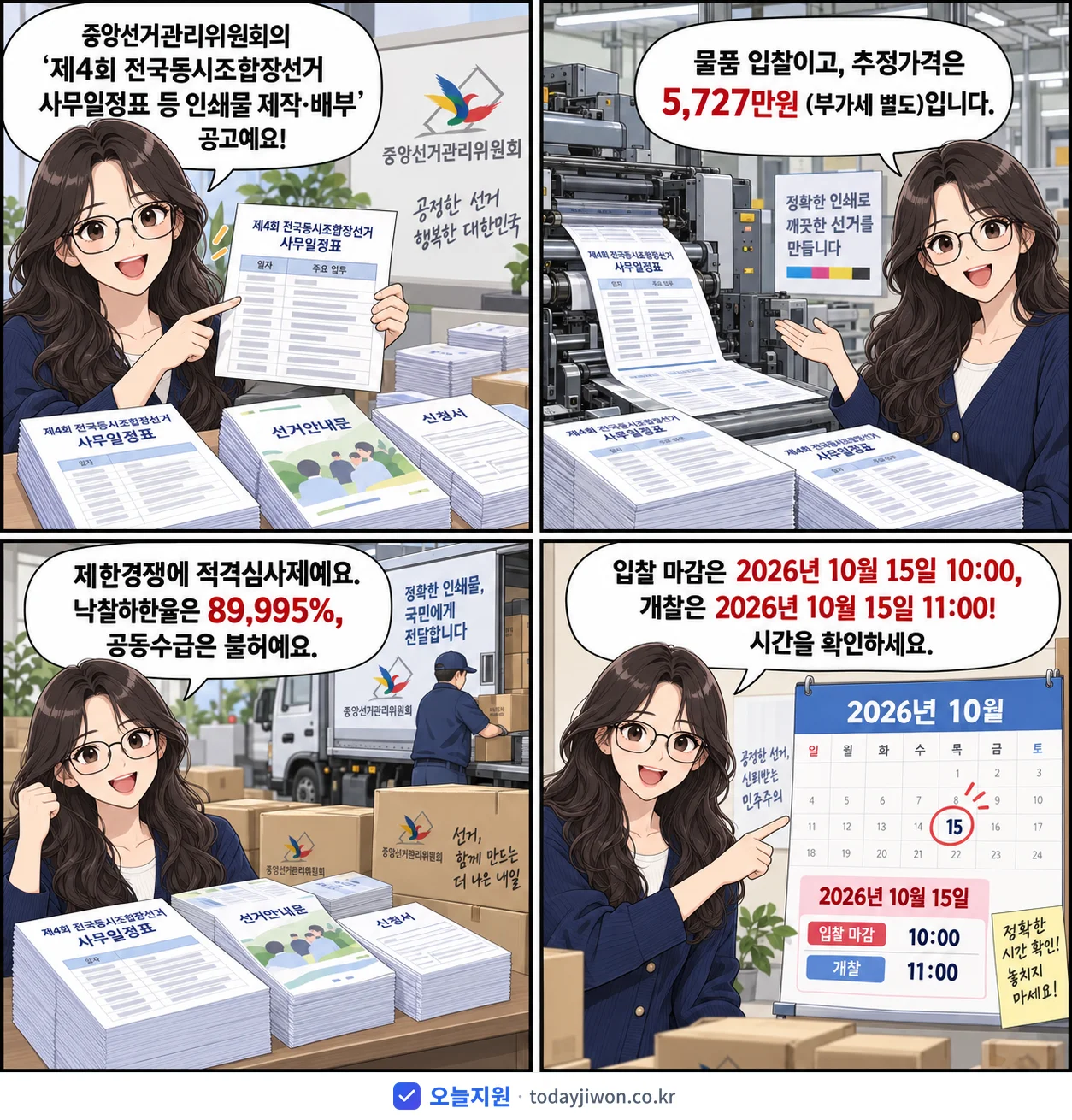 4컷 만화로 보는 공고: 중앙선거관리위원회 '제4회 전국동시조합장선거 사무일정표 등 인쇄물 제작·배부', 추정가격 5,727만원, 입찰 마감 10/15 10:00