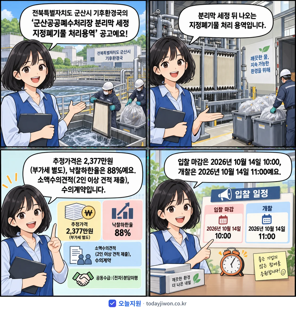 4컷 만화로 보는 공고: 전북특별자치도 군산시 기후환경국 '군산공공폐수처리장 분리막 세정 지정폐기물 처리용역', 추정가격 2,377만원, 입찰 마감 10/14 10:00