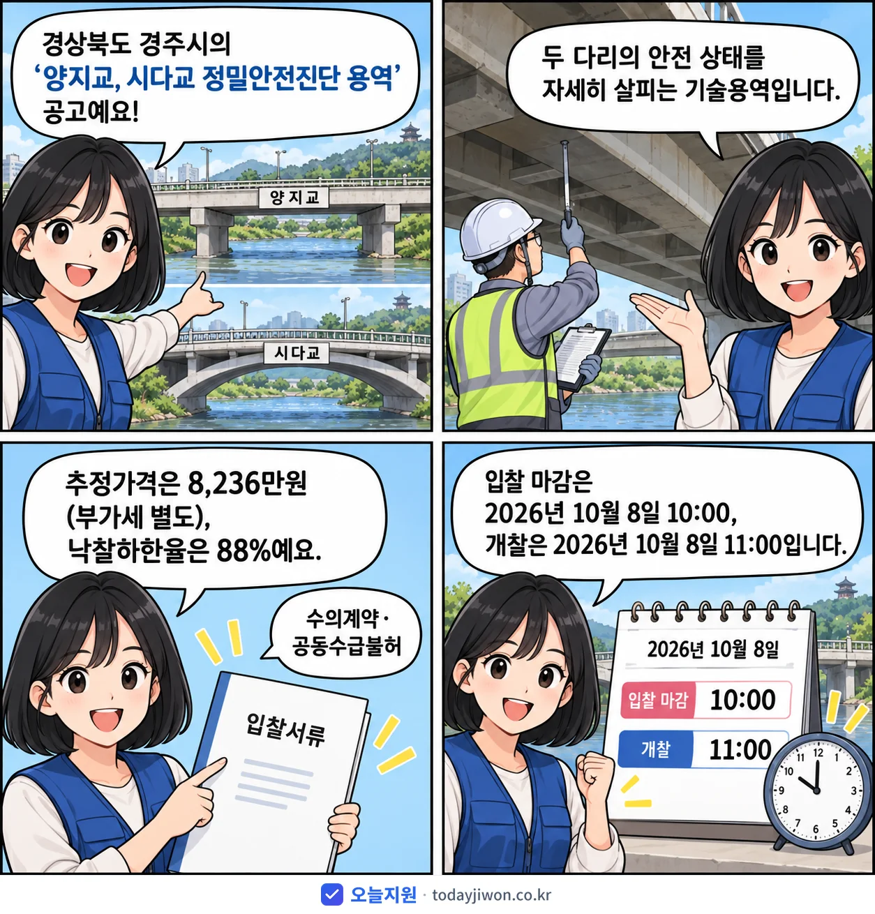 4컷 만화로 보는 공고: 경상북도 경주시 '양지교, 시다교 정밀안전진단 용역', 추정가격 8,236만원, 입찰 마감 10/8 10:00