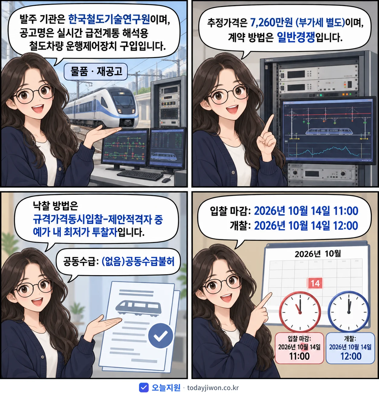 4컷 만화로 보는 공고: 한국철도기술연구원 '실시간 급전계통 해석용 철도차량 운행제어장치 구입', 추정가격 7,260만원, 입찰 마감 10/14 11:00
