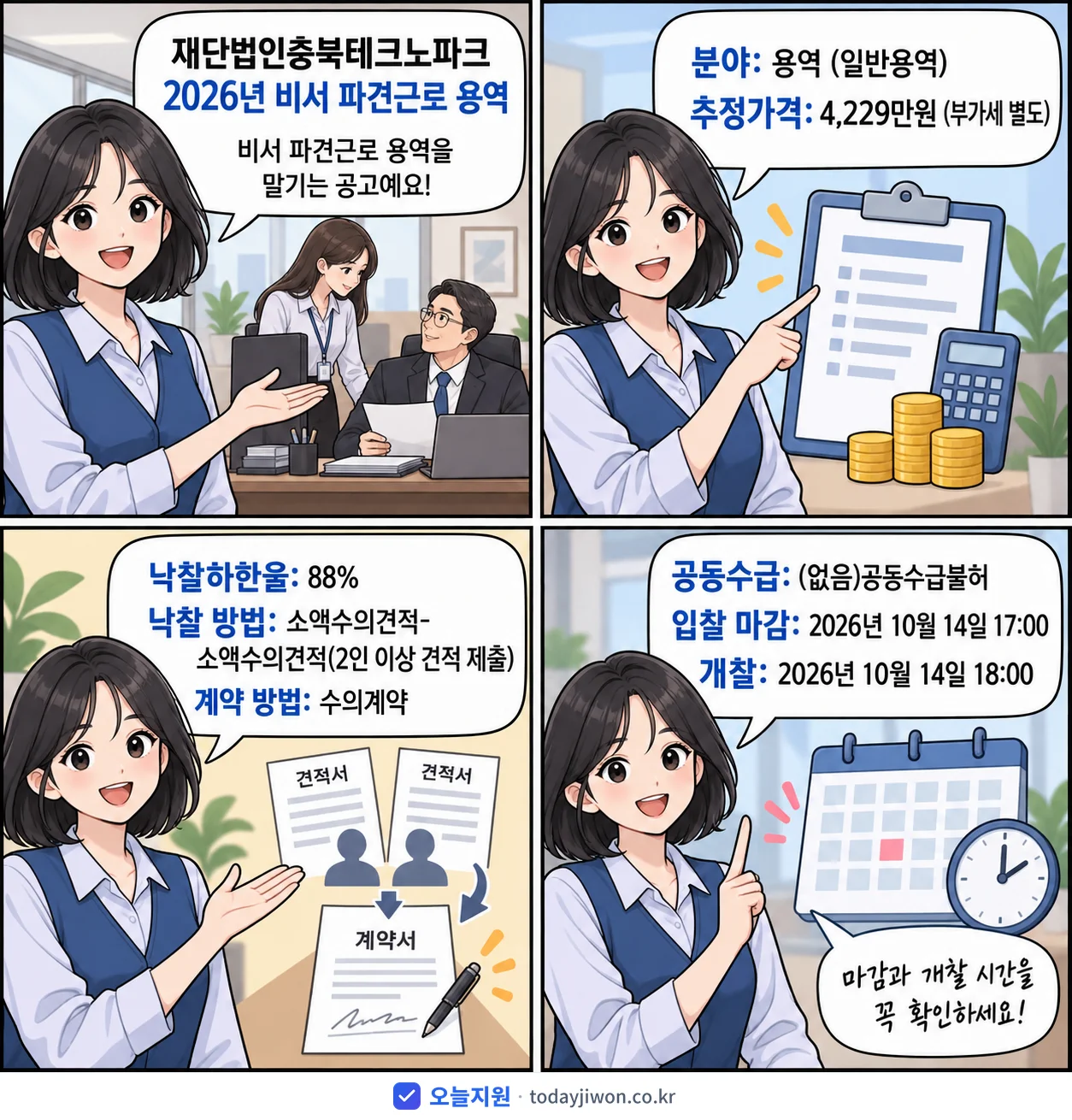 4컷 만화로 보는 공고: 재단법인충북테크노파크 '비서 파견근로 용역', 추정가격 4,229만원, 입찰 마감 10/14 17:00