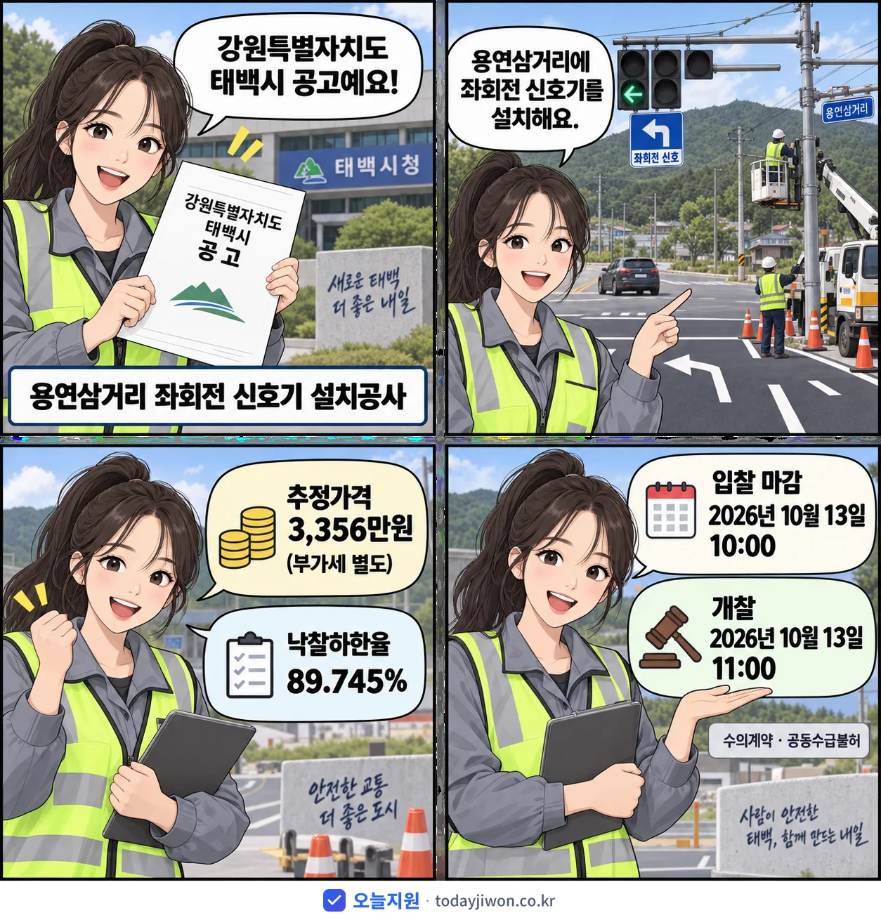 4컷 만화로 보는 공고: 강원특별자치도 태백시 '용연삼거리 좌회전 신호기 설치공사', 추정가격 3,356만원, 입찰 마감 10/13 10:00
