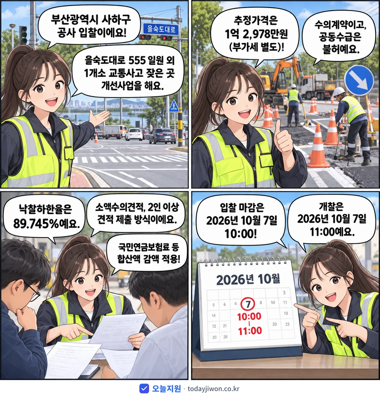 4컷 만화로 보는 공고: 부산광역시 사하구 '을숙도대로 555 일원 외 1개소 교통사고 잦은 곳 개선사업', 추정가격 1억 2,978만원, 입찰 마감 10/7 10:00