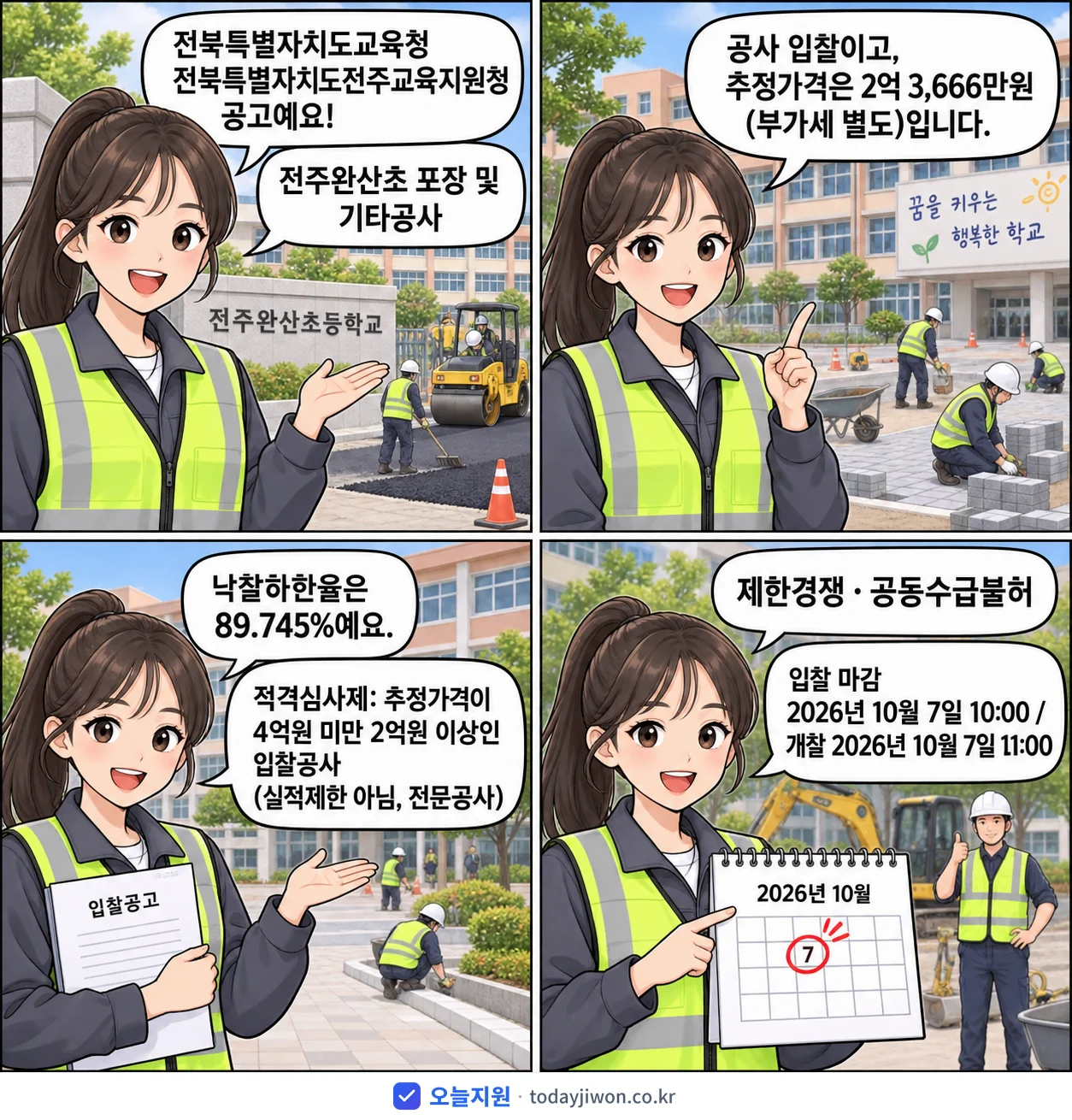 4컷 만화로 보는 공고: 전북특별자치도교육청 전북특별자치도전주교육지원청 '전주완산초 포장 및 기타공사', 추정가격 2억 3,666만원, 입찰 마감 10/7 10:00