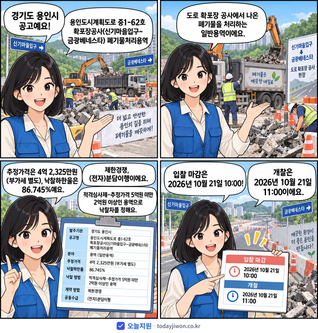 4컷 만화로 보는 공고: 경기도 용인시 '용인도시계획도로 중1-62호 확포장공사(신기마을입구~금광베네스타) 폐기…', 추정가격 4억 2,325만원, 입찰 마감 10/21 10:00