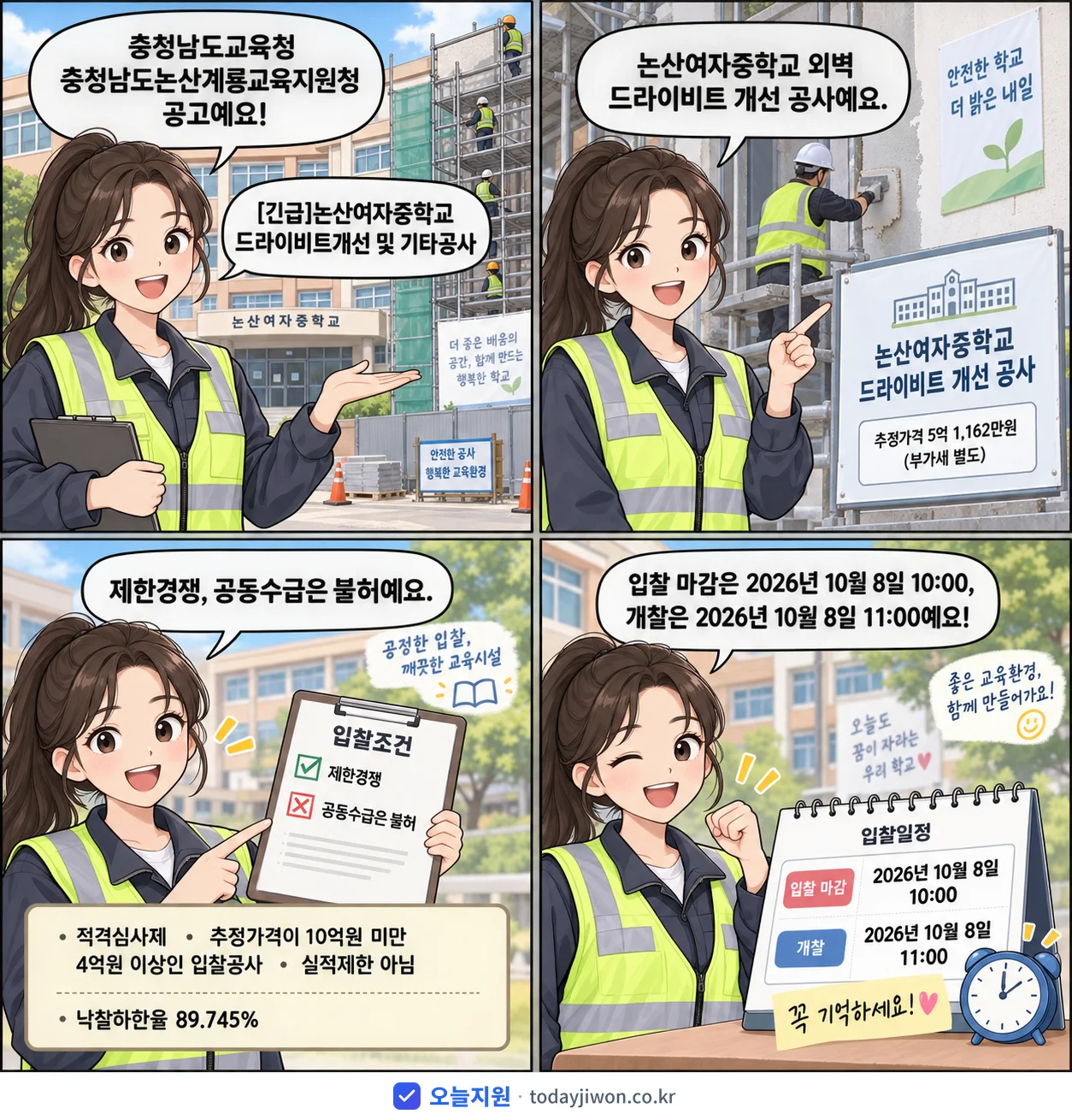 4컷 만화로 보는 공고: 충청남도교육청 충청남도논산계룡교육지원청 '논산여자중학교 드라이비트개선 및 기타공사', 추정가격 5억 1,162만원, 입찰 마감 10/8 10:00