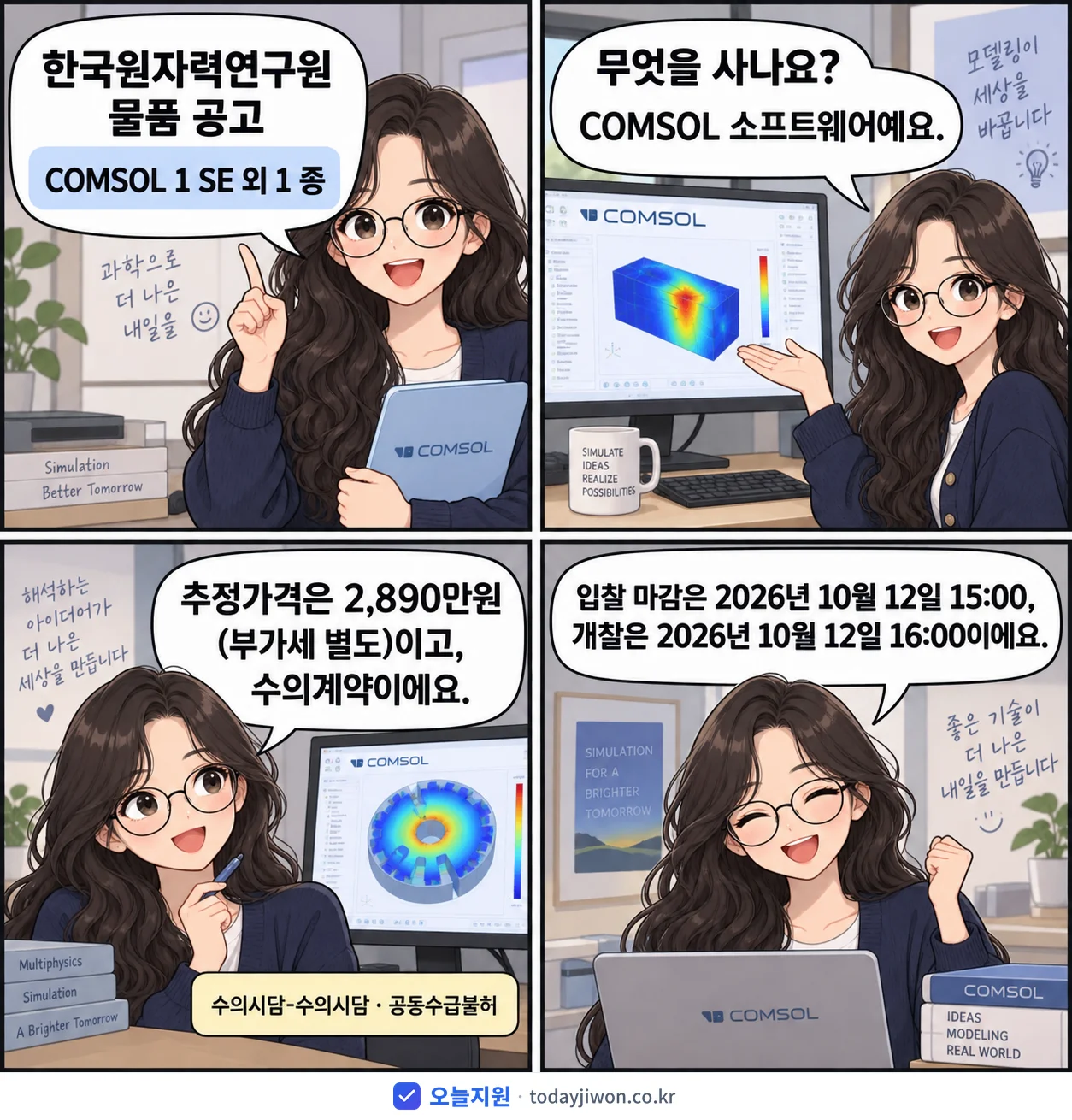 4컷 만화로 보는 공고: 한국원자력연구원 'COMSOL 1 SE 외 1 종', 추정가격 2,890만원, 입찰 마감 10/12 15:00