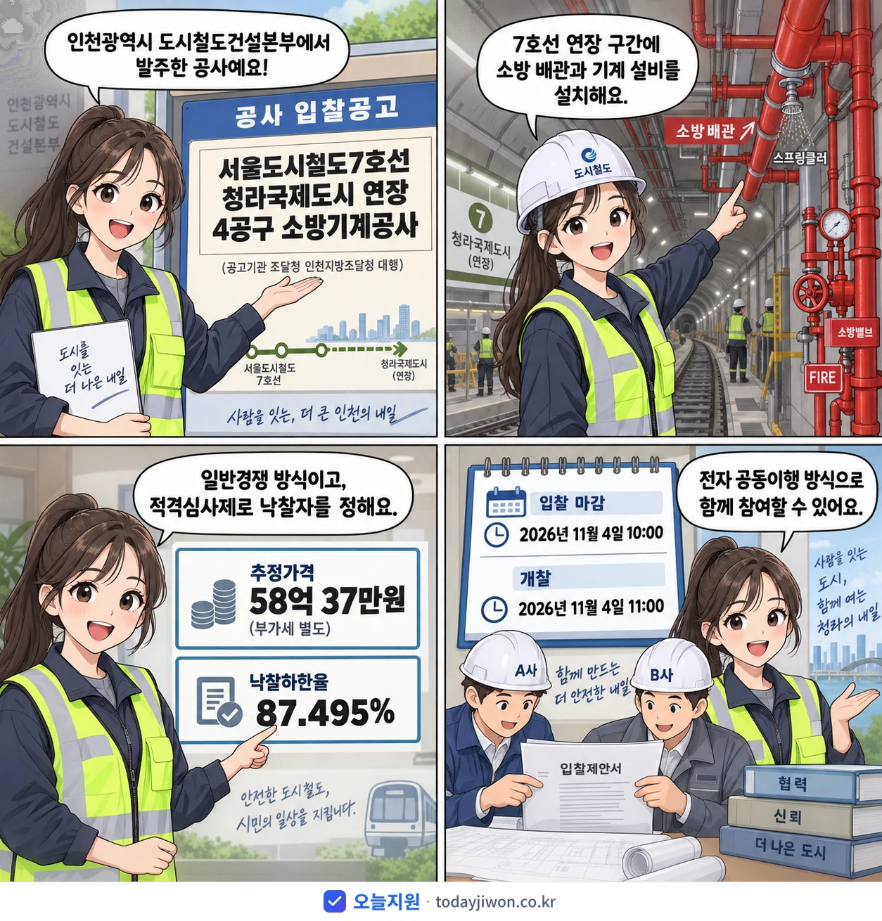 4컷 만화로 보는 공고: 인천광역시 도시철도건설본부 '서울도시철도7호선 청라국제도시 연장 4공구 소방기계공사', 추정가격 58억 37만원, 입찰 마감 11/4 10:00