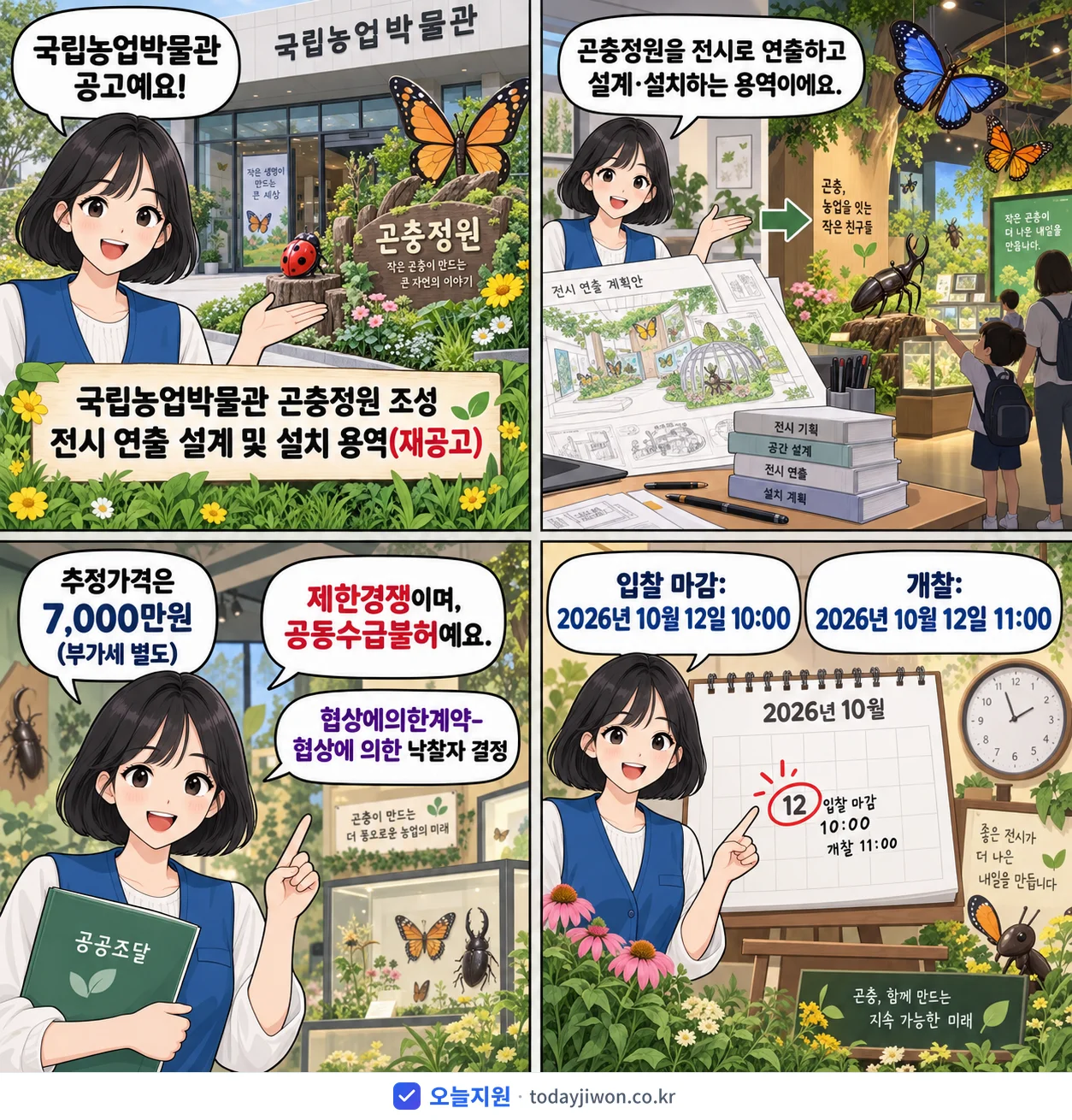 4컷 만화로 보는 공고: 국립농업박물관 '국립농업박물관 곤충정원 조성 전시 연출 설계 및 설치 용역', 추정가격 7,000만원, 입찰 마감 10/12 10:00