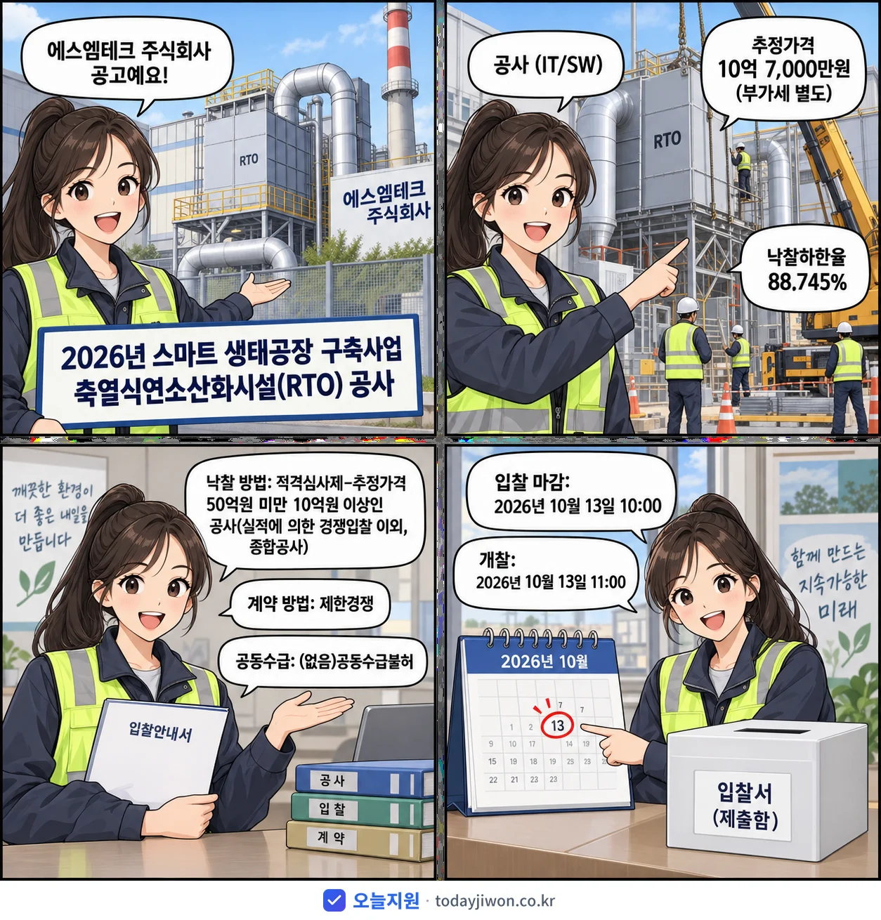 4컷 만화로 보는 공고: 에스엠테크 주식회사 '스마트 생태공장 구축사업 축열식연소산화시설(RTO) 공사', 추정가격 10억 7,000만원, 입찰 마감 10/13 10:00