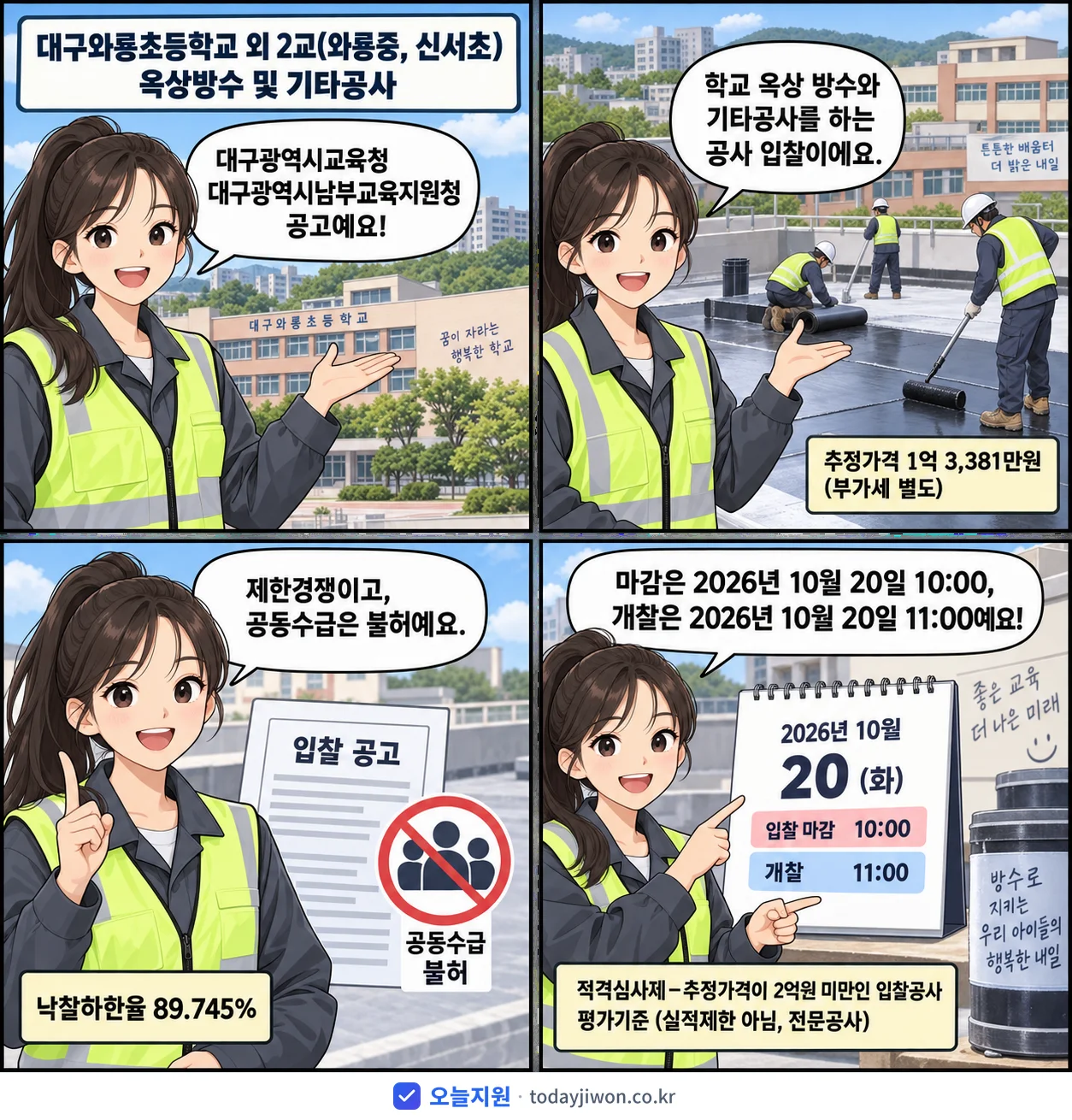 4컷 만화로 보는 공고: 대구광역시교육청 대구광역시남부교육지원청 '대구와룡초등학교 외 2교(와룡중, 신서초) 옥상방수 및 기타공사', 추정가격 1억 3,381만원, 입찰 마감 10/20 10:00