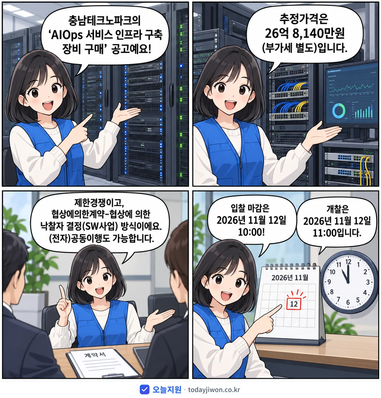 4컷 만화로 보는 공고: 충남테크노파크 'AIOps 서비스 인프라 구축 장비 구매', 추정가격 26억 8,140만원, 입찰 마감 11/12 10:00