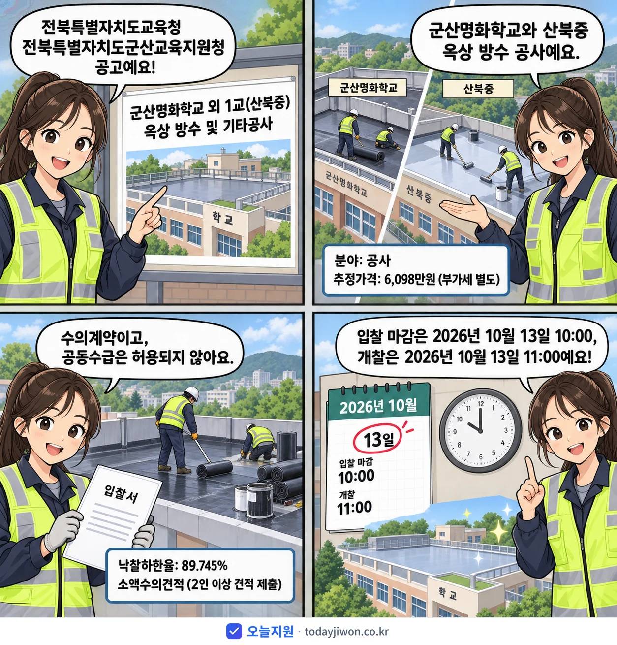4컷 만화로 보는 공고: 전북특별자치도교육청 전북특별자치도군산교육지원청 '군산명화학교 외 1교(산북중) 옥상 방수 및 기타공사', 추정가격 6,098만원, 입찰 마감 10/13 10:00