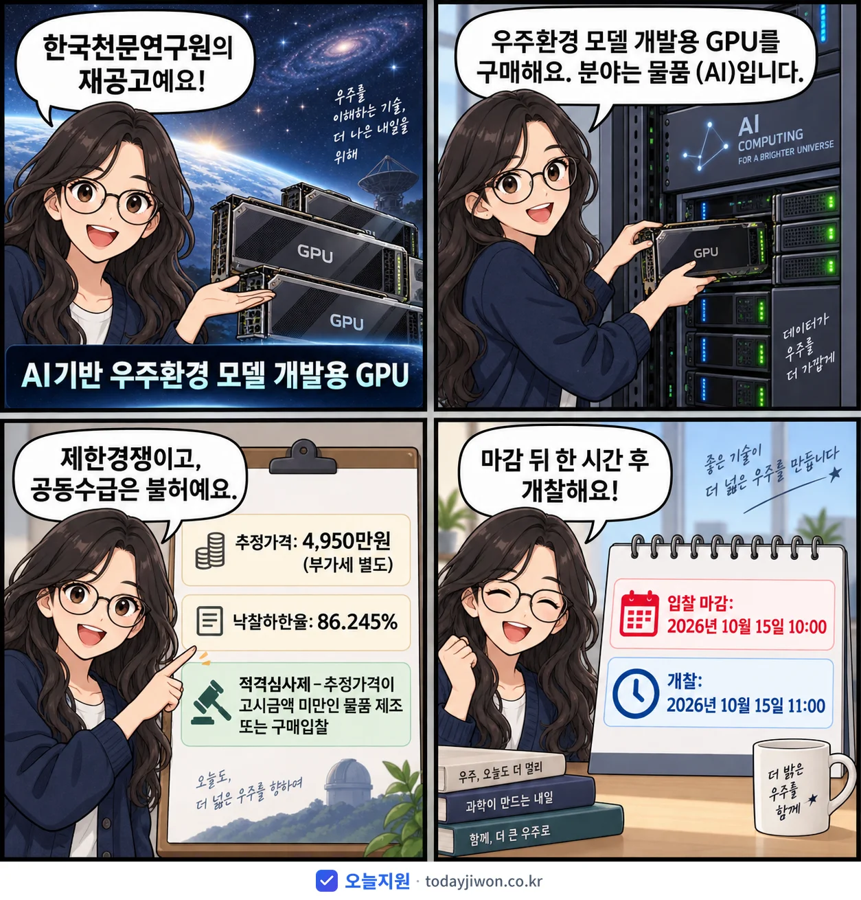 4컷 만화로 보는 공고: 한국천문연구원 'AI기반 우주환경 모델 개발용 GPU', 추정가격 4,950만원, 입찰 마감 10/15 10:00