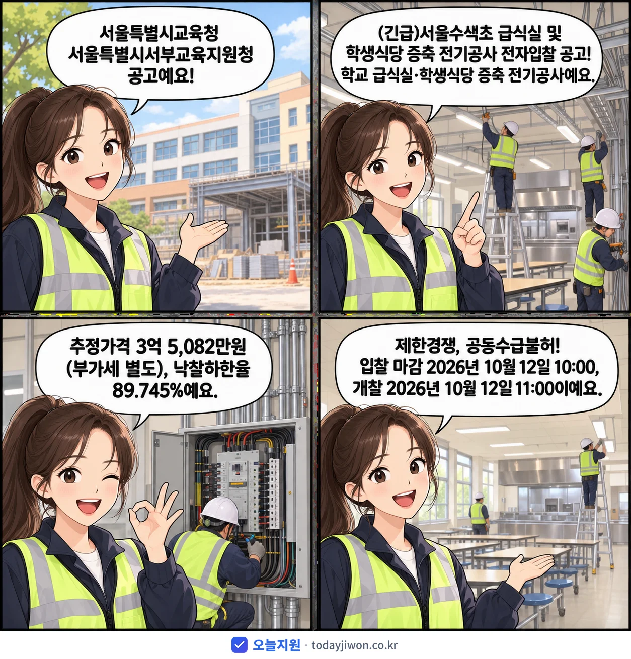 4컷 만화로 보는 공고: 서울특별시교육청 서울특별시서부교육지원청 '서울수색초 급식실 및 학생식당 증축 전기공사 전자입찰 공고', 추정가격 3억 5,082만원, 입찰 마감 10/12 10:00