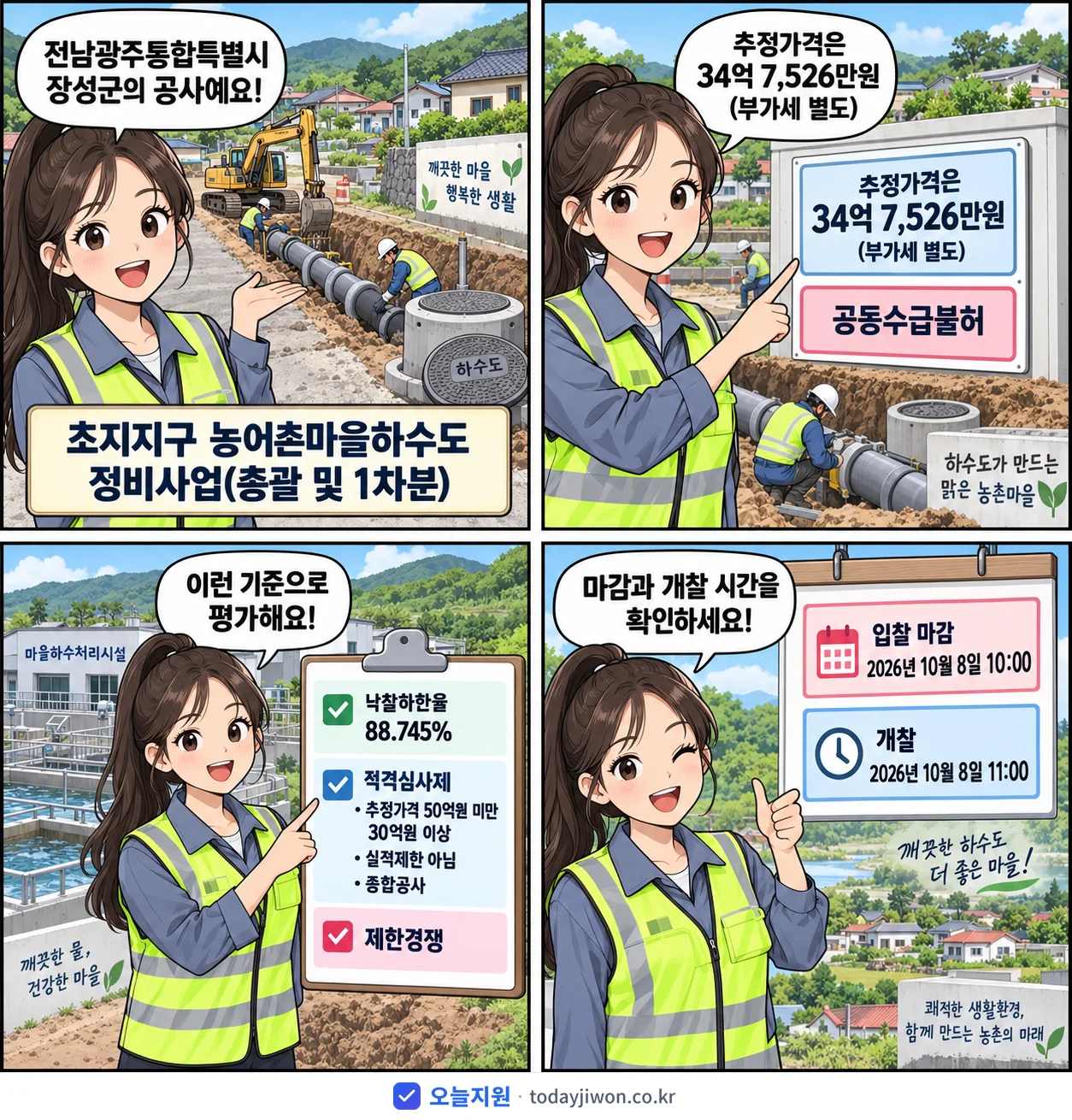 4컷 만화로 보는 공고: 전남광주통합특별시 장성군 '초지지구 농어촌마을하수도 정비사업(총괄 및 1차분)', 추정가격 34억 7,526만원, 입찰 마감 10/8 10:00