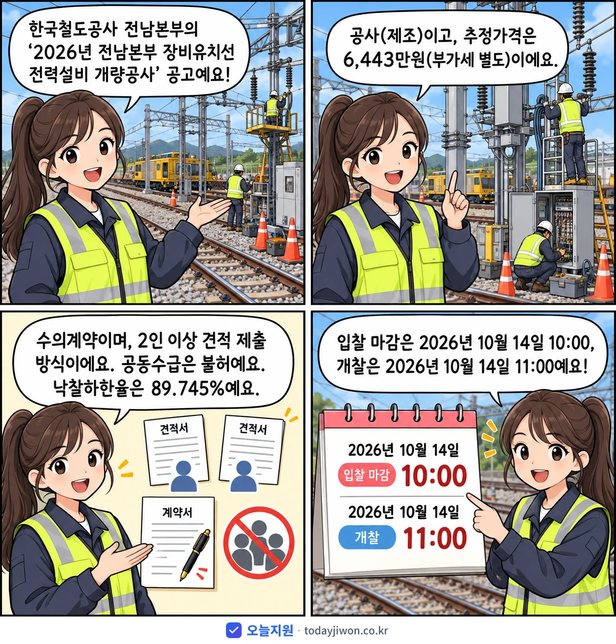 4컷 만화로 보는 공고: 한국철도공사 전남본부 '전남본부 장비유치선 전력설비 개량공사', 추정가격 6,443만원, 입찰 마감 10/14 10:00