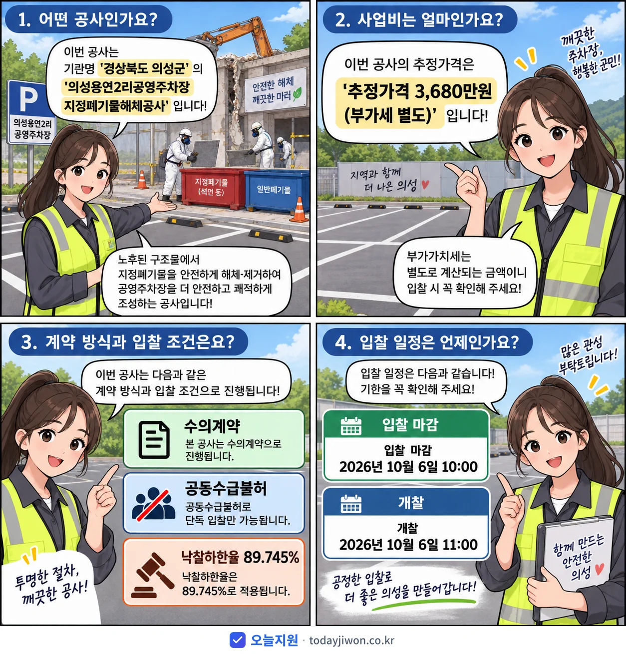 4컷 만화로 보는 공고: 경상북도 의성군 '의성용연2리공영주차장 지정폐기물해체공사', 추정가격 3,680만원, 입찰 마감 10/6 10:00