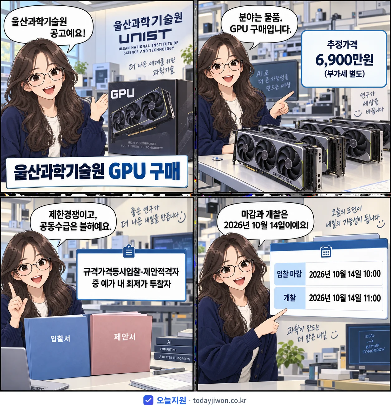 4컷 만화로 보는 공고: 울산과학기술원 '울산과학기술원 GPU 구매', 추정가격 6,900만원, 입찰 마감 10/14 10:00
