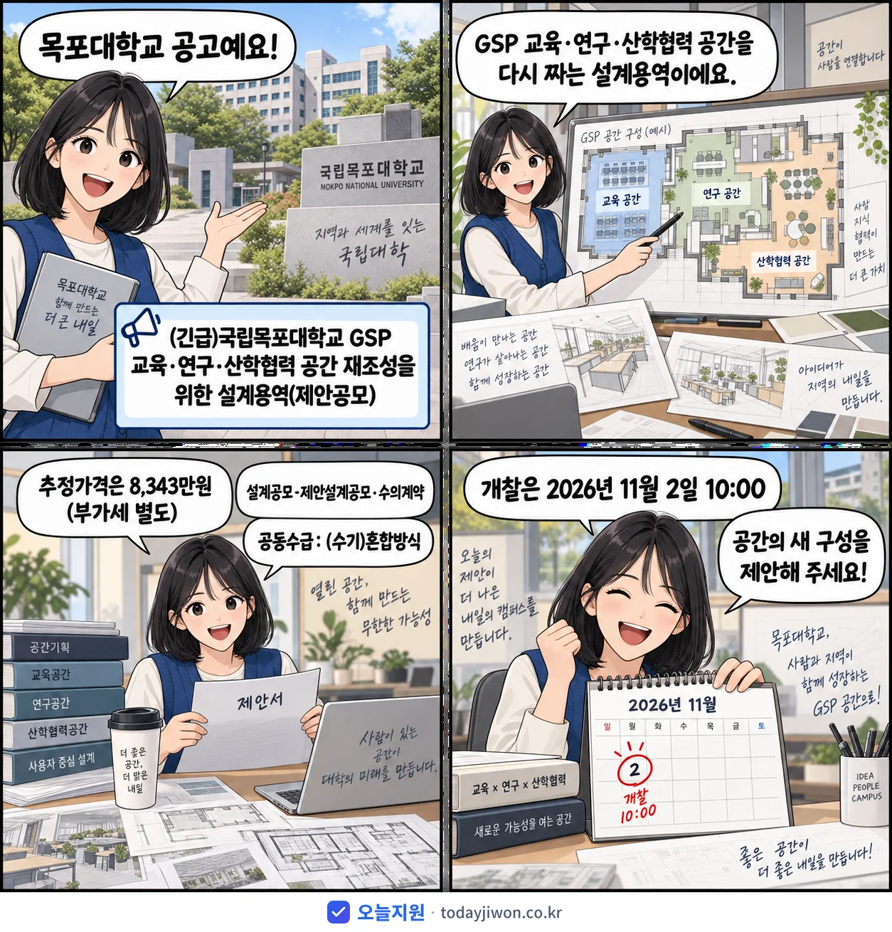 4컷 만화로 보는 공고: 목포대학교 '국립목포대학교 GSP 교육·연구·산학협력 공간 재조성을 위한 설계용역(…', 추정가격 8,343만원