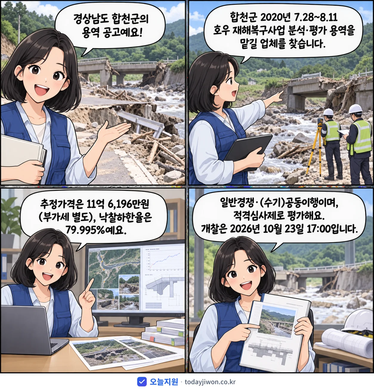 4컷 만화로 보는 공고: 경상남도 합천군 '합천군 2020년 7.28~8.11 호우 재해복구사업 분석·평가 용역', 추정가격 11억 6,196만원