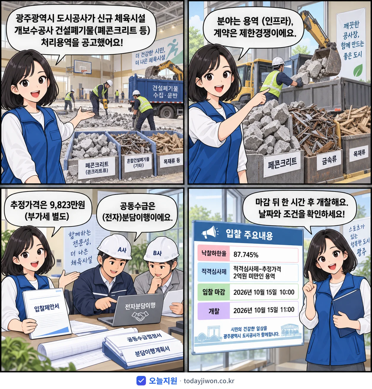 4컷 만화로 보는 공고: 광주광역시 도시공사 '신규 체육시설 개보수공사 건설폐기물(폐콘크리트 등) 처리용역', 추정가격 9,823만원, 입찰 마감 10/15 10:00